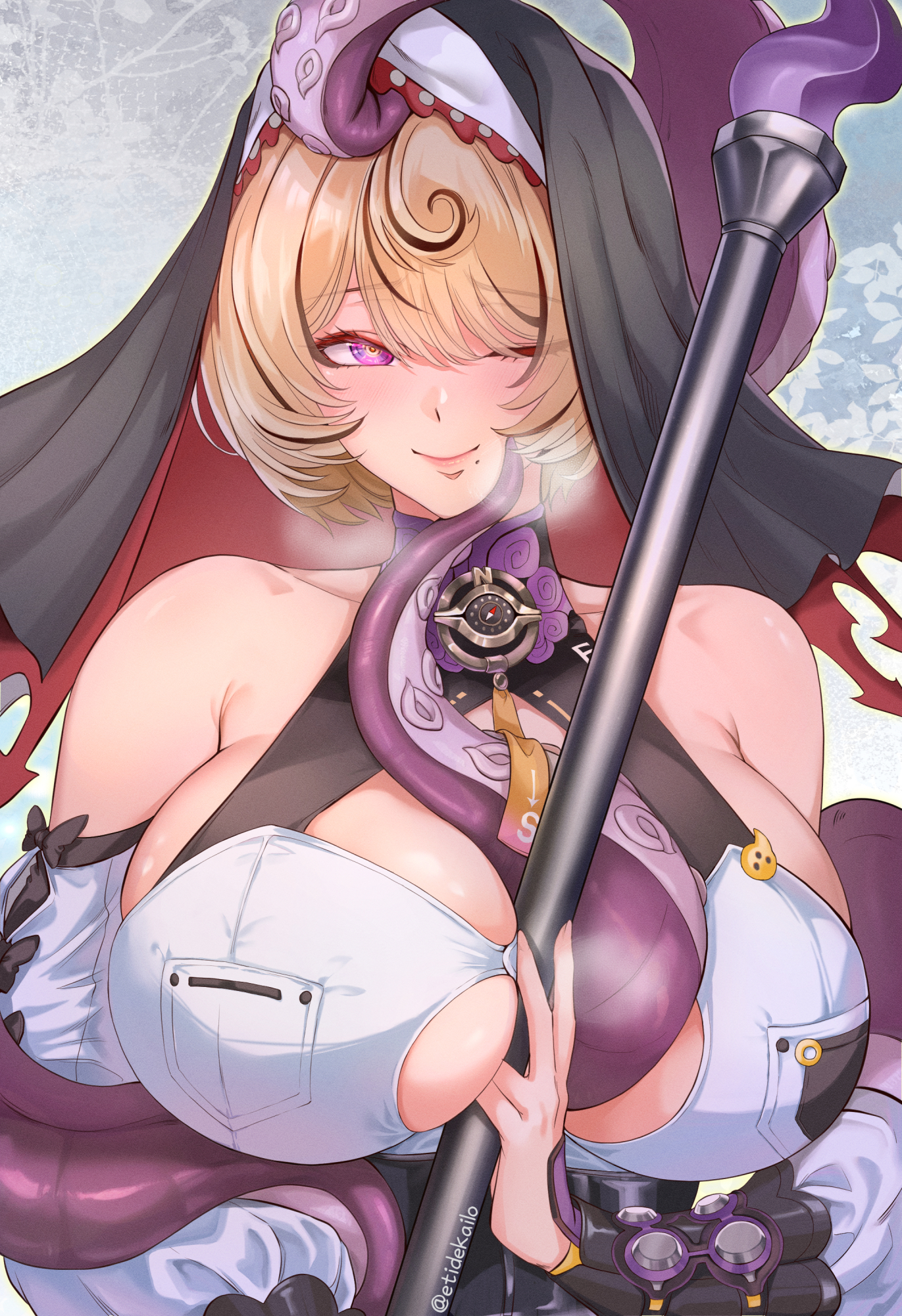 1girls, 2020s, 2025, 2d, 2d (artwork), 2d artwork, artist name, beauty mark, beauty mark under mouth, beige skin, big breasts, blush, boob window, breasts, breath cloud, cleavage, cleavage cutout, cleavage overflow, clothed, clothed female, clothes, clothing, curvy, curvy female, digital drawing (artwork), digital media (artwork), etidekailo, eyelashes, eyes, eyes open, fanart, female, female focus, female only, fingernails, fingers, half-dressed, holding object, holding weapon, hoyoverse, humanoid, large boobs, large breasts, light body, light skin, light-skinned female, lips, mihoyo, mihoyo technology (shanghai) co. ltd., multicolored hair, nail, nails, neck, no bra, no dialogue, non-human, open eyes, partially clothed, purple tentacles, revealing clothes, revealing clothing, revealing outfit, sexually suggestive, simple background, slight blush, smile, smiling, smiling at viewer, solo, solo female, solo focus, spiral eyes, suggestive, suggestive look, tendrils, tentacle, text, thiren, touching self, two-tone hair, video game, video game character, video game franchise, video games, voluptuous, voluptuous female, watermark, yellow hair, yellow hair female, yidhari murphy, yidhari murphy (cbt1), zenless zone zero