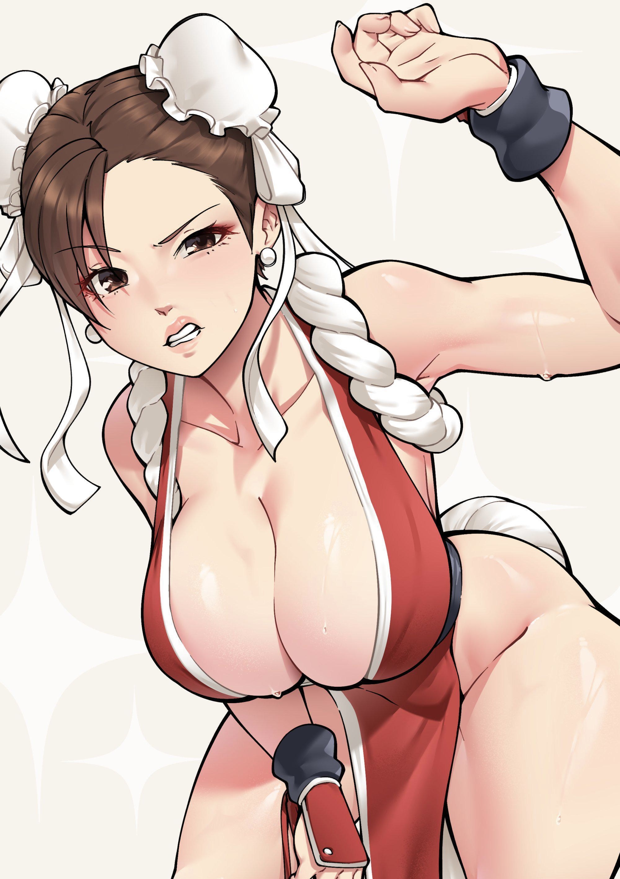 1girls, 2025, 2d, arm up, asian female, ass, bent over, big ass, big breasts, breasts, brown eyes, brown hair, capcom, chun-li, cleavage, clothed, clothing, color, cosplay, digital drawing (artwork), double bun, dracksart, eyebrows visible through hair, fatal fury, female, female only, hanging breasts, hi res, huge breasts, king of fighters, large breasts, light skin, light-skinned female, looking at viewer, mai shiranui (cosplay), revealing clothes, solo, solo female, street fighter, sweat, sweating, sweaty, sweaty body, thick thighs, thighs, tied hair, wide hips