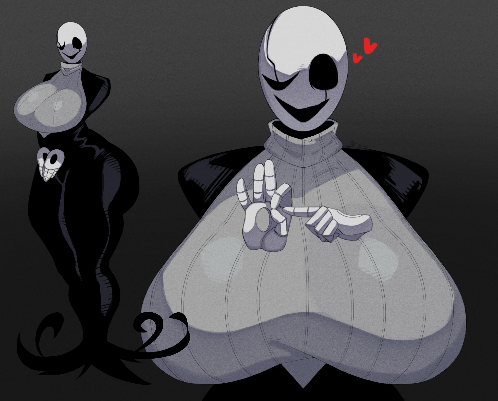 2d, 2d (artwork), almewe, big breasts, black dress, breasts, breasts bigger than head, dress, fem gaster, floating hands, gaster, grey sweater, hand gesture, heart, no arms, penetration gesture, sweater, tagme, thick thighs, turtleneck, turtleneck sweater, undertale, undertale (series)
