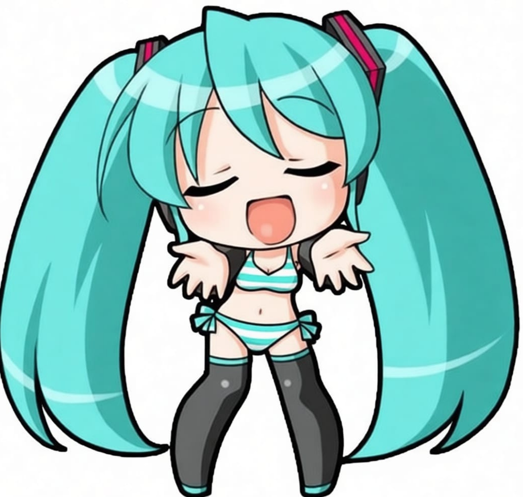 1girl, 1girls, aqua hair, bikini, bra, chibi, chibi style, closed eyes, hatsune miku, long hair, open mouth, panties, simple background, solo, striped, striped bikini, striped bra, striped panties, thighhighs, twintails, underwear, underwear only, very long hair, vocaloid