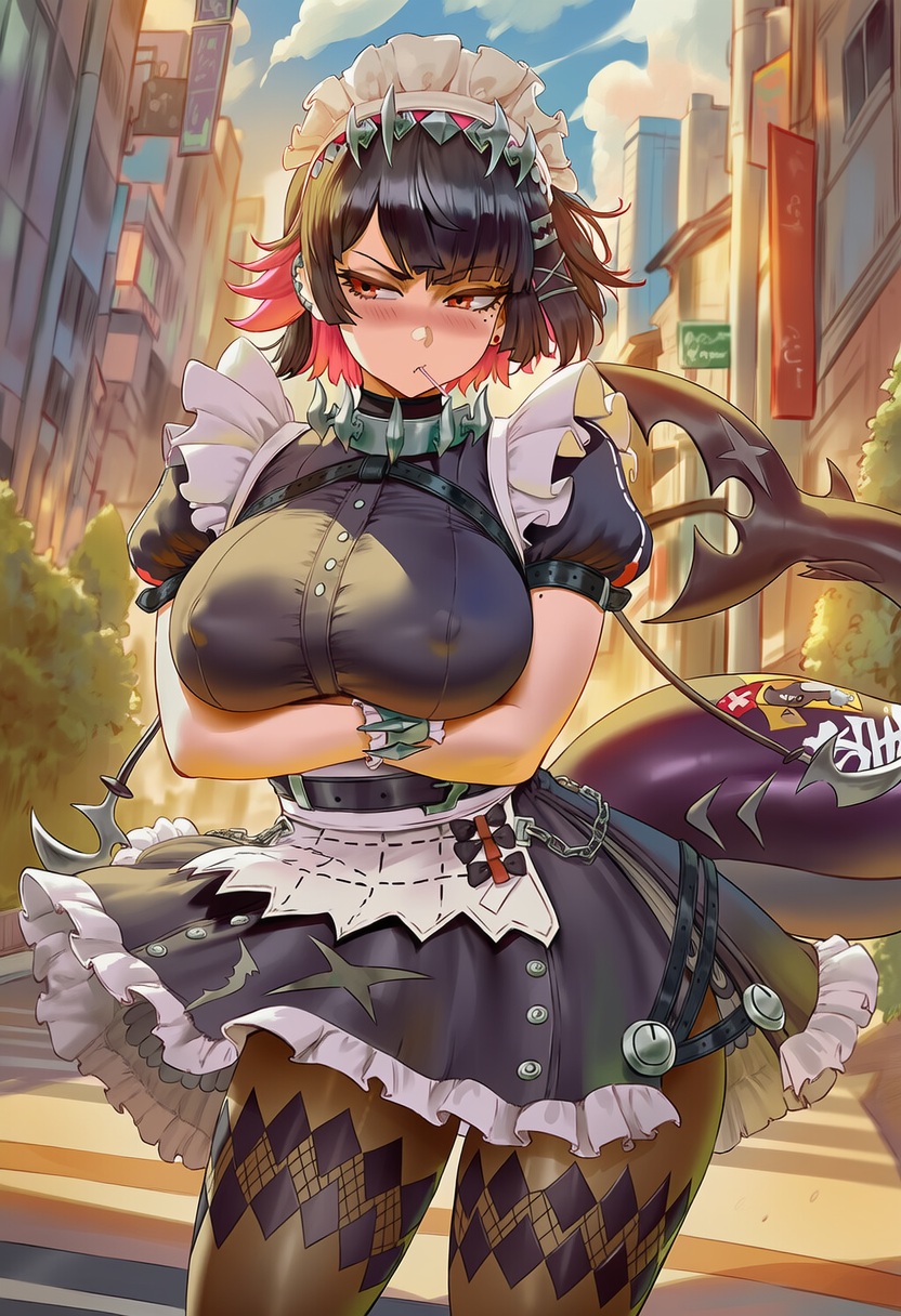 1girls, ai generated, ass, blush, child bearing hips, crossed arms, curvaceous, curvaceous ass, curvaceous body, curvaceous female, curvaceous figure, curvaceous hips, curvaceous thighs, curvy, curvy body, curvy female, curvy figure, curvy hips, curvy thighs, ellen joe, female, female focus, maid, nipples bulge, stockings, thick, thick hips, thick legs, waifu, witchy, zenless zone zero