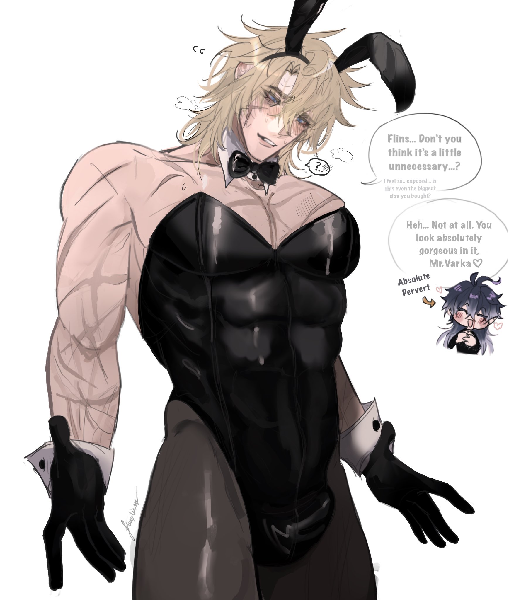 abs, bara, blonde hair, blue hair, blush, bowtie, bulge, bulge through clothing, bunny ears, bunnysuit, dark blue hair, dialogue, femboy, femboy dilf, flins (genshin impact), gay, genshin impact, gloves, himbo, male, male focus, male only, moobs, multiple scars, muscular, muscular male, musk, musk clouds, pecs, scar, scared, scars, simple background, solo, solo male, sweaty, text, text box, varka, varka (genshin impact), white background, yaoi