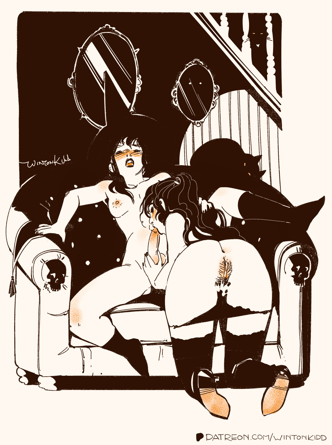 1futa, 1girls, anus, ass, balls, black and white, blowjob, breasts, fellatio, female, female on futa, fingering, fingering self, futa on female, futa with female, futanari, futasub, limited palette, masturbating during fellatio, masturbation, nipples, nude, on knees, penis, pussy, spot color, tagme, trans woman, transfem, wintonkidd, witch, witch hat