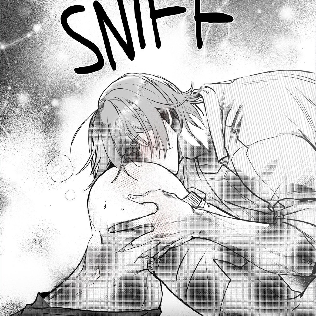 blush, blush lines, closed eyes, clothed sex, face down ass up, face in ass, faceless male, gay, gay sex, grabbing ass, grabbing from behind, greyscale, horny, male, male only, male/male, muscular, muscular male, out of frame, simple background, sniffing, sniffing ass, white background, white shirt, yaoi
