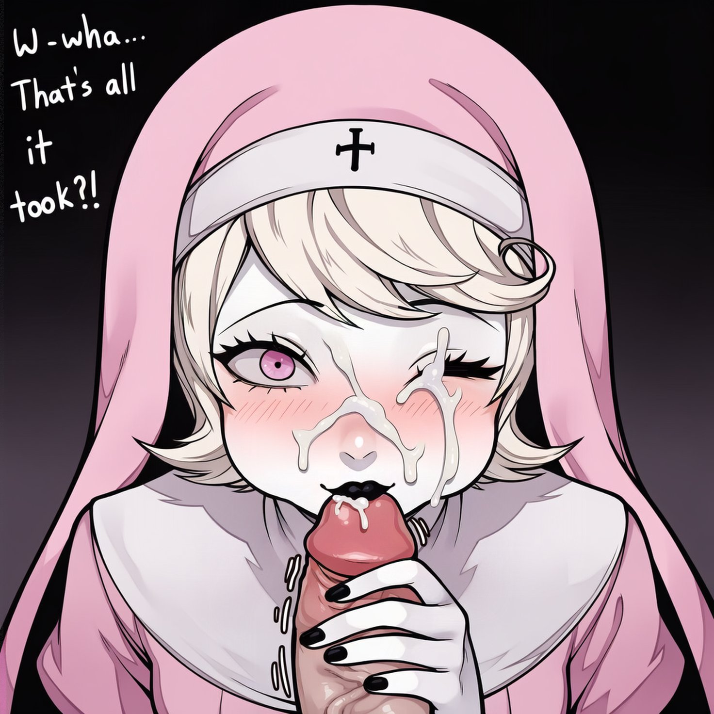 1boy1girl, ai assisted, ai generated, artist self-insert, black lipstick, commission, cum, english text, facial, kissing, kokenaart, lipstick, male, nun, nun outfit, nun's habit, painted nails, pink eyes, puffed cheeks, self-insert, straight, white skin