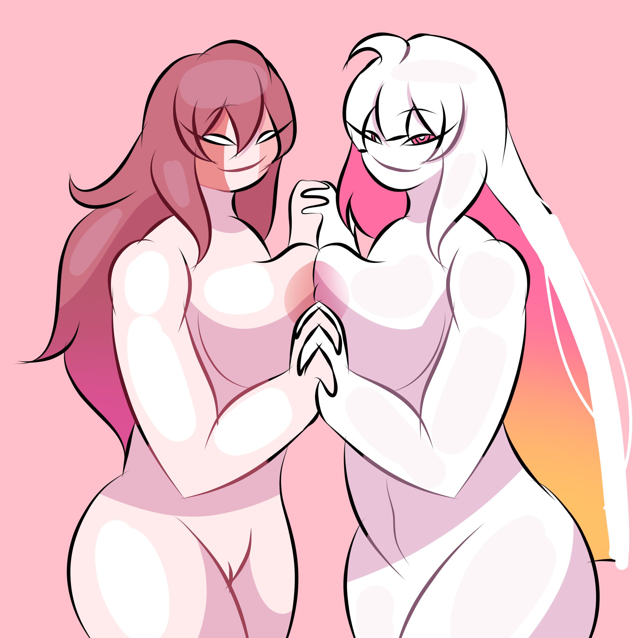 2girls, aniram 13, anthro, areolae, arms, ass, big ass, big breasts, big thighs, breasts, crown, female, female focus, female only, friday night funkin, friday night funkin mod, friday night funkin: entity, handdrawn, handdrawn art, happy, happy female, hi res, highres, holding hands, huge breasts, nikusa (sugarratio), pink skin, pink skinned female, pressing breasts together, pussy, sarvente (dokki.doodlez), sarvente (friday night funkin), tits, unknown species, white background, white body, white eyes, white hair, white skin, white skinned female