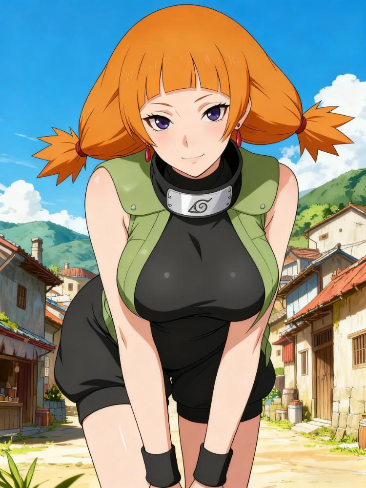 1girls, absurd res, ai generated, alternate breast size, bent over, big breasts, blunt bangs, blush, boruto: naruto next generations, breast focus, breasts, busty, center opening, cleavage, crop top, cutout, detailed background, earrings, female, female only, forest, high collar, highres, huge breasts, jewelry, kazamatsuri moegi, konohagakure symbol, kunoichi, light skin, light-skinned female, looking at viewer, mostly clothed, naruto, naruto (series), nature, ninja, no bra, open mouth, orange hair, outdoors, pinup, presenting breasts, purple eyes, shiny, shiny hair, shiny skin, shirt, sidelocks, solo, solo focus, trees, twintails, upper body, very high resolution, vest, village, voluptuous, wide hips