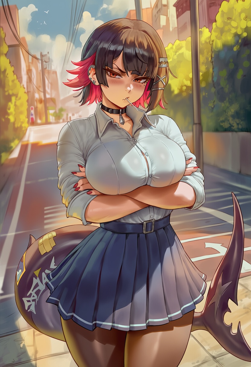 1girls, ai generated, ass, child bearing hips, city background, crossed arms, curvaceous, curvaceous ass, curvaceous body, curvaceous female, curvaceous figure, curvaceous hips, curvaceous thighs, curvy, curvy body, curvy female, curvy figure, curvy hips, curvy thighs, ellen joe, female, female focus, lolipop, school uniform, thick, thick hips, thick legs, waifu, white shirt, witchy, zenless zone zero