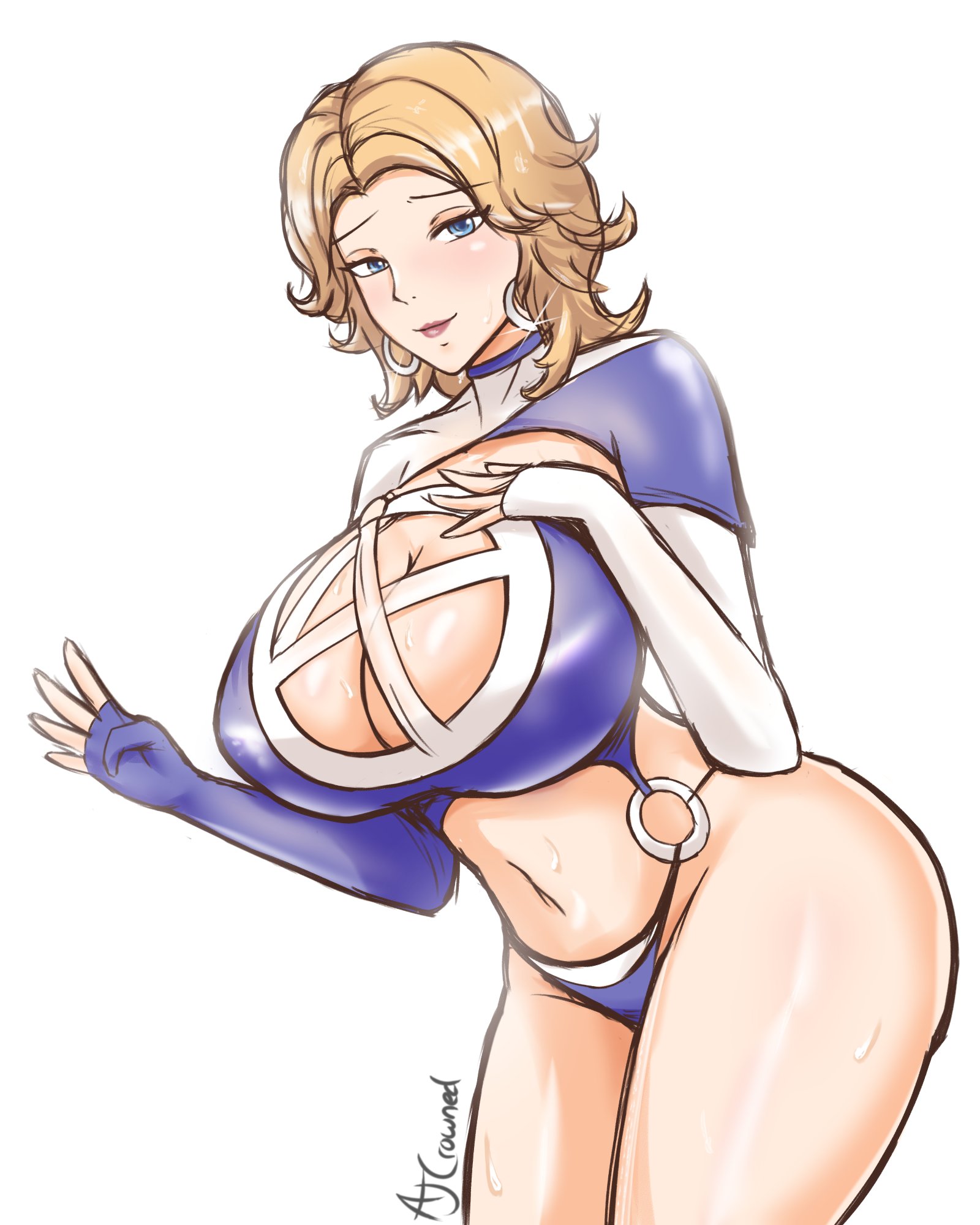 1girls, ajcrowned, bikini, blonde hair, blue eyes, blush, breasts, choker, cleavage, cleavage cutout, elbow gloves, fantastic four, female, female only, gloves, huge breasts, invisible woman, invisible woman (azure shade), invisible woman (marvel rivals), large breasts, looking at viewer, marvel, marvel comics, marvel rivals, mole, navel, short hair, smile, solo, sue richards, sue storm, thighs, white background