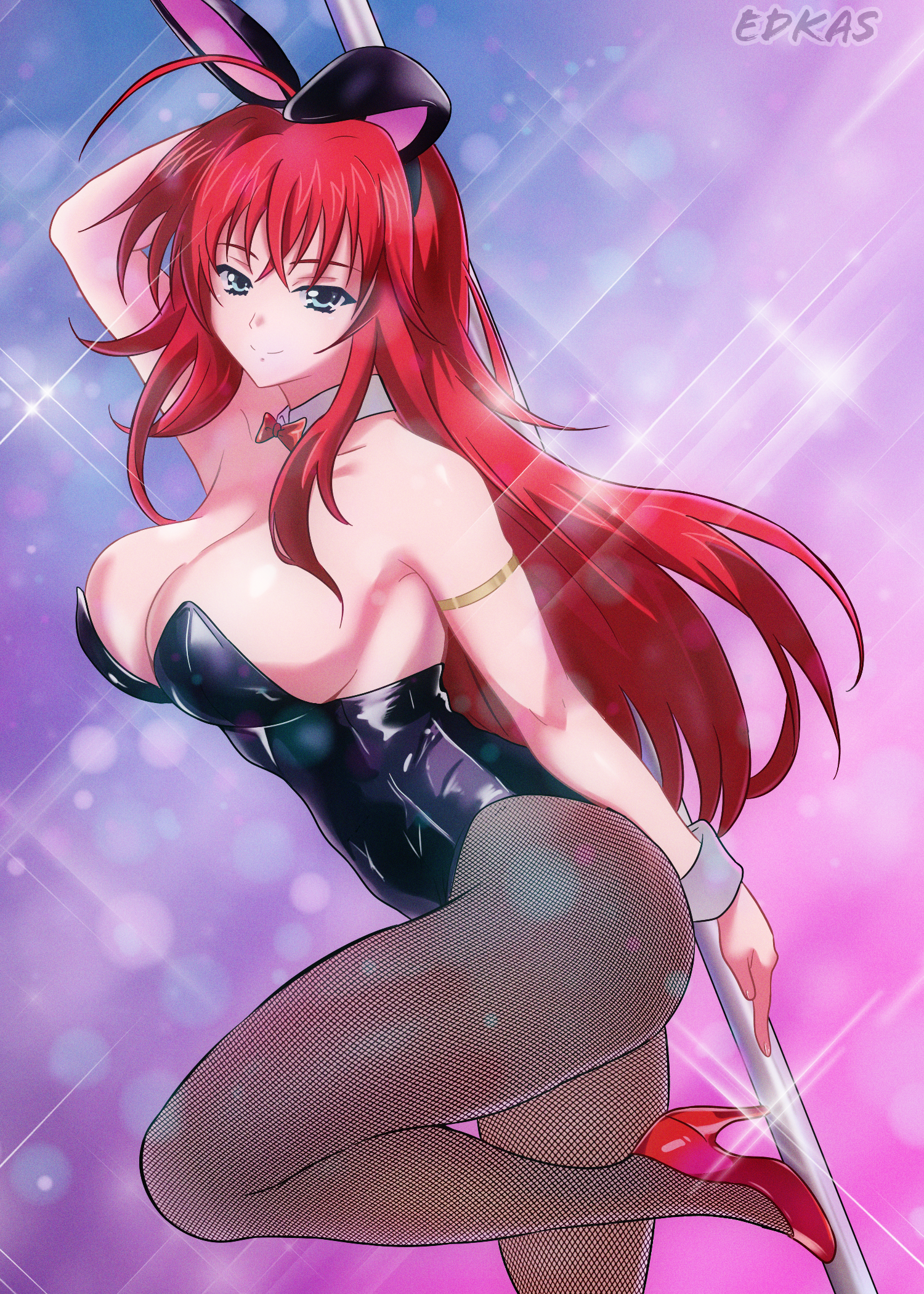 ahoge, armlet, artist name, bare shoulders, blue eyes, bowtie, breasts, bunny ears, bunnysuit, collarbone, detached collar, edkas, female, female only, fishnet legwear, fishnets, high heels, high school dxd, highres, large breasts, leotard, pantyhose, pole, pole dancing, rabbit, rabbit ears, red hair, red heels, red high heels, rias gremory, seductive, seductive look, seductive smile, smile, sparkling background, stripper pole, wrist cuffs