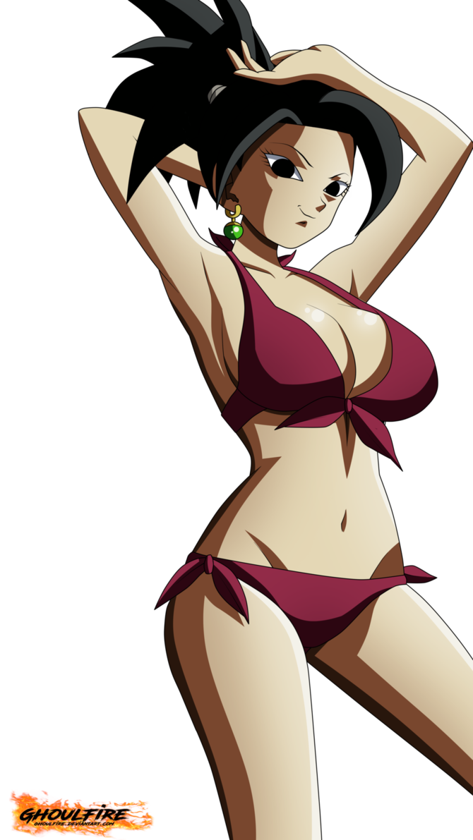 1girls, arm above head, arm behind head, armpits, arms up, bikini, black eyes, black hair, breasts, dragon ball, dragon ball super, earrings, female, female only, female saiyan, fusion, fusion character, ghoulfire, kefla, light skin, light-skinned female, ponytail, potara earrings, saiyan, short hair, solo, spiky hair