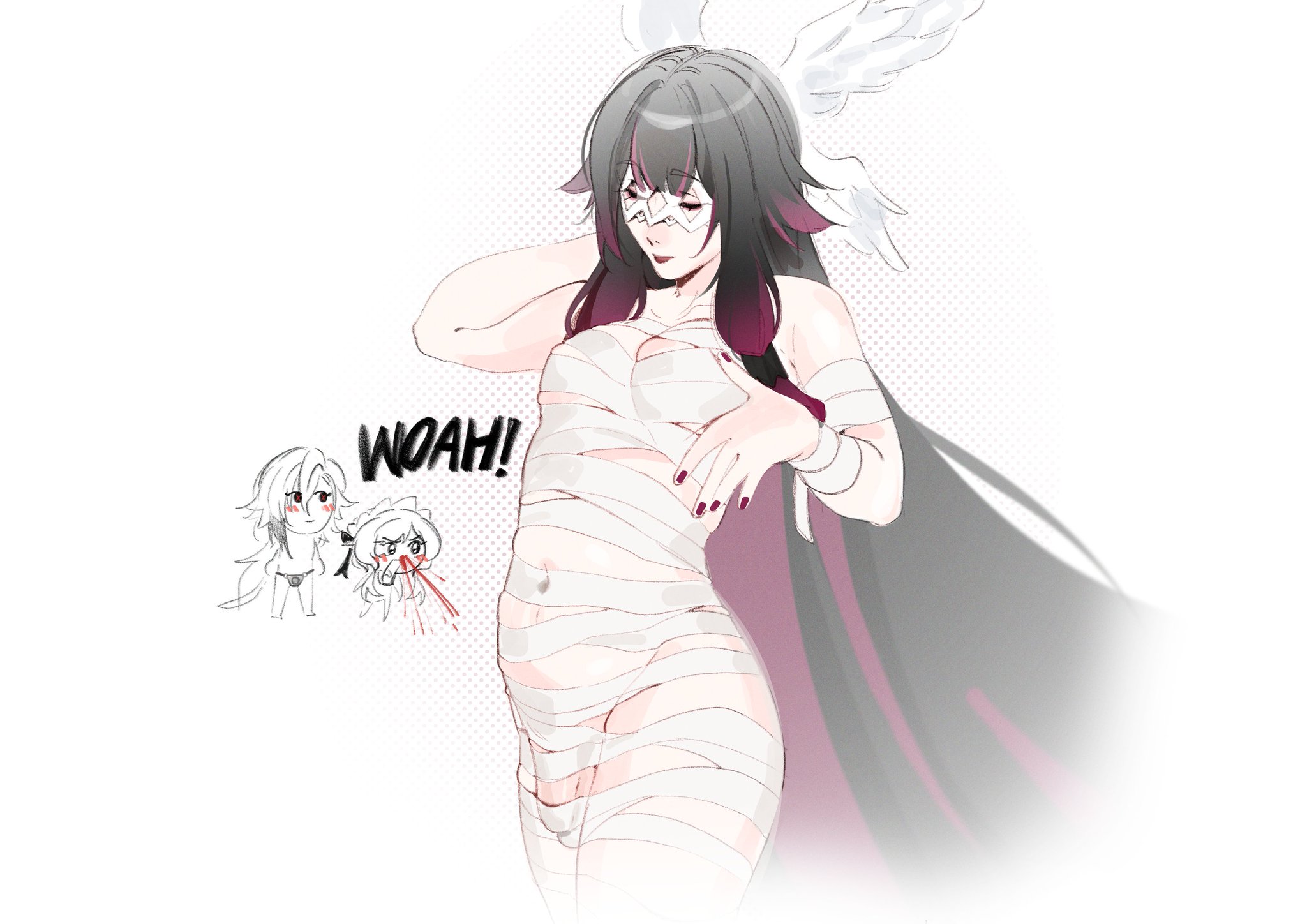 1futa, 2girls, balls, bandage, breasts, columbina (genshin impact), futa only, futanari, genshin impact, hoyoverse, light skin, light-skinned futa, long hair, mummy costume, nosebleed, nude, penis, solo, tagme, wktfrv47n