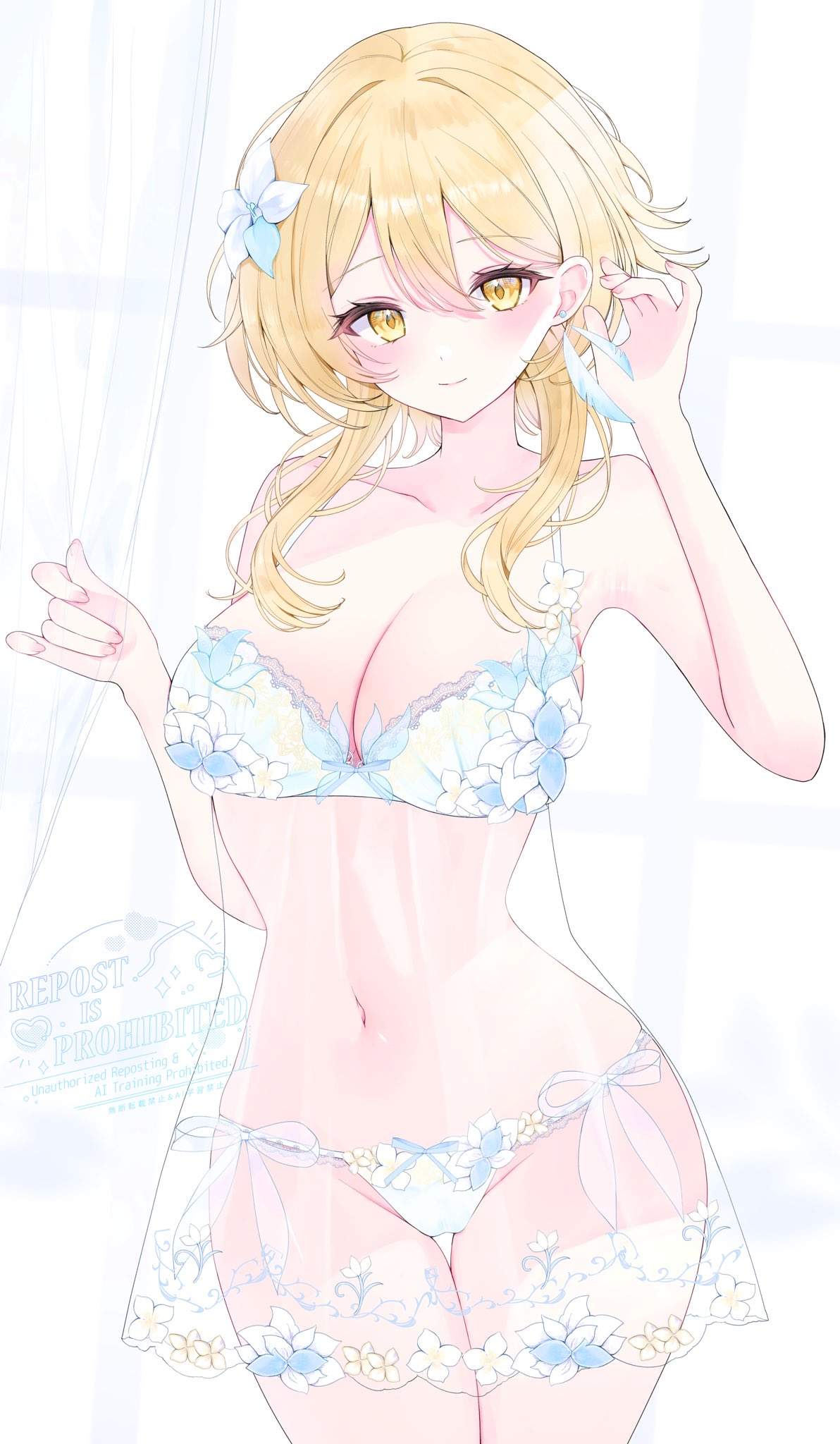 1girls, blonde female, blonde hair, breasts, female, genshin impact, hoyoverse, lingerie, long hair, lumine (genshin impact), mihoyo, white lingerie