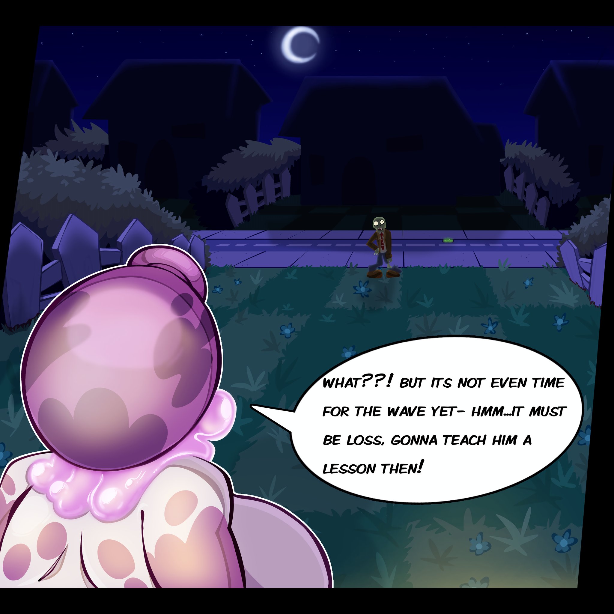 1boy, 1girls, anthro, anthrofied, ass, breasts, chubby, comic, comic page, dialogue, female, flora fauna, fume-shroom (pvz), fungi fauna, fungus, gallo wazavi, male, mushroom, mushroom girl, mushroom hat, mushroom humanoid, plant, plant girl, plant humanoid, plantie, plants vs zombies, plants vs. zombies, popcap games, pussy, zombie, zombie (plants vs zombies), zombie (pvz)