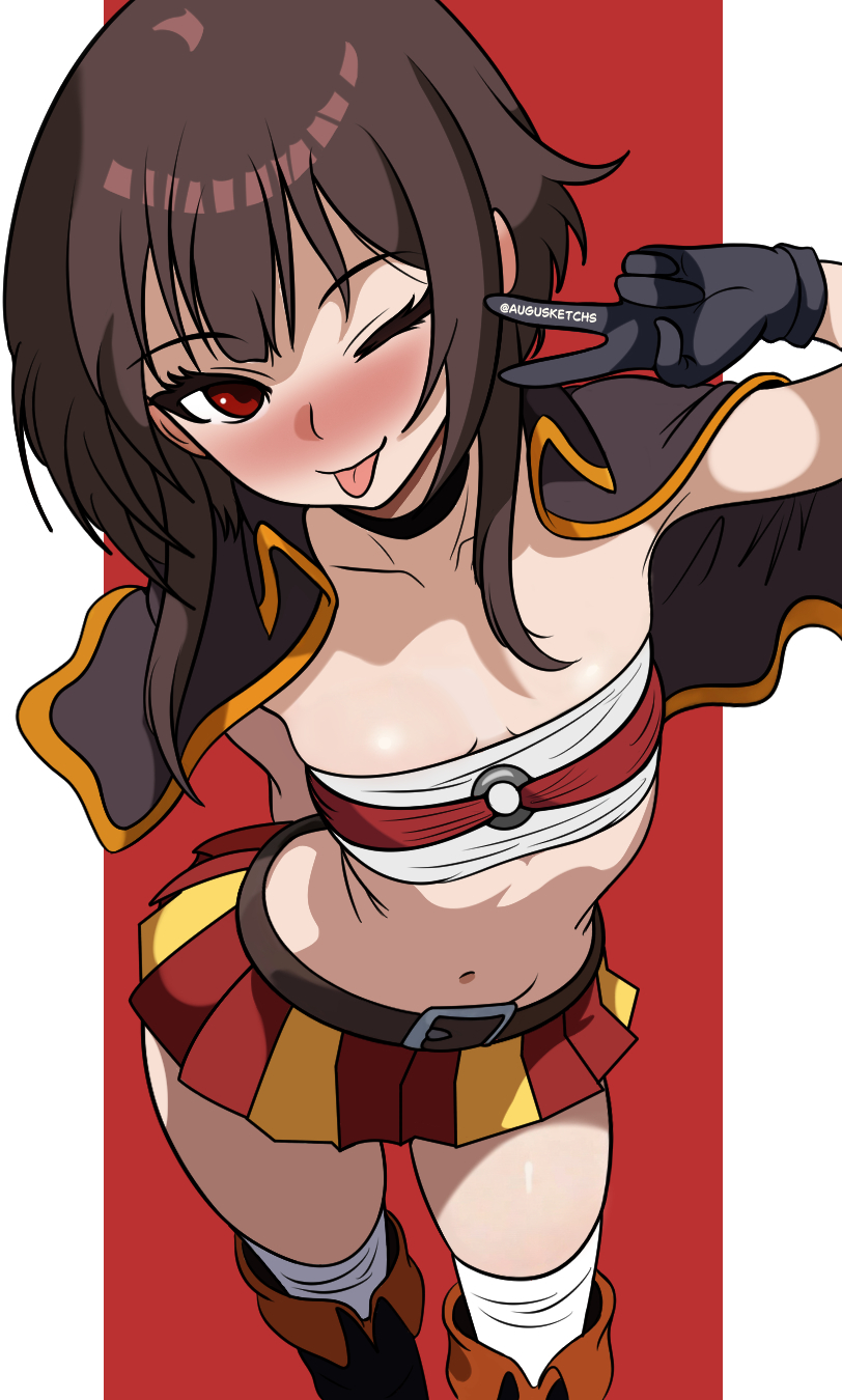 ;p, 1girls, alt girl, augusketchs, bandaged leg, bandages, bangs, belt, black belt, black cape, black choker, black gloves, blush, boyish, breasts, cape, choker, collar, collarbone, eyebrows visible through hair, female, female only, gloves, gothic, gothic girl, kono subarashii sekai ni shukufuku wo!, looking at viewer, megumin, miniskirt, navel, one eye closed, red eyes, sarashi, short hair, short hair with long locks, single thighhigh, skirt, small breasts, solo, thighhighs, tongue, tongue out