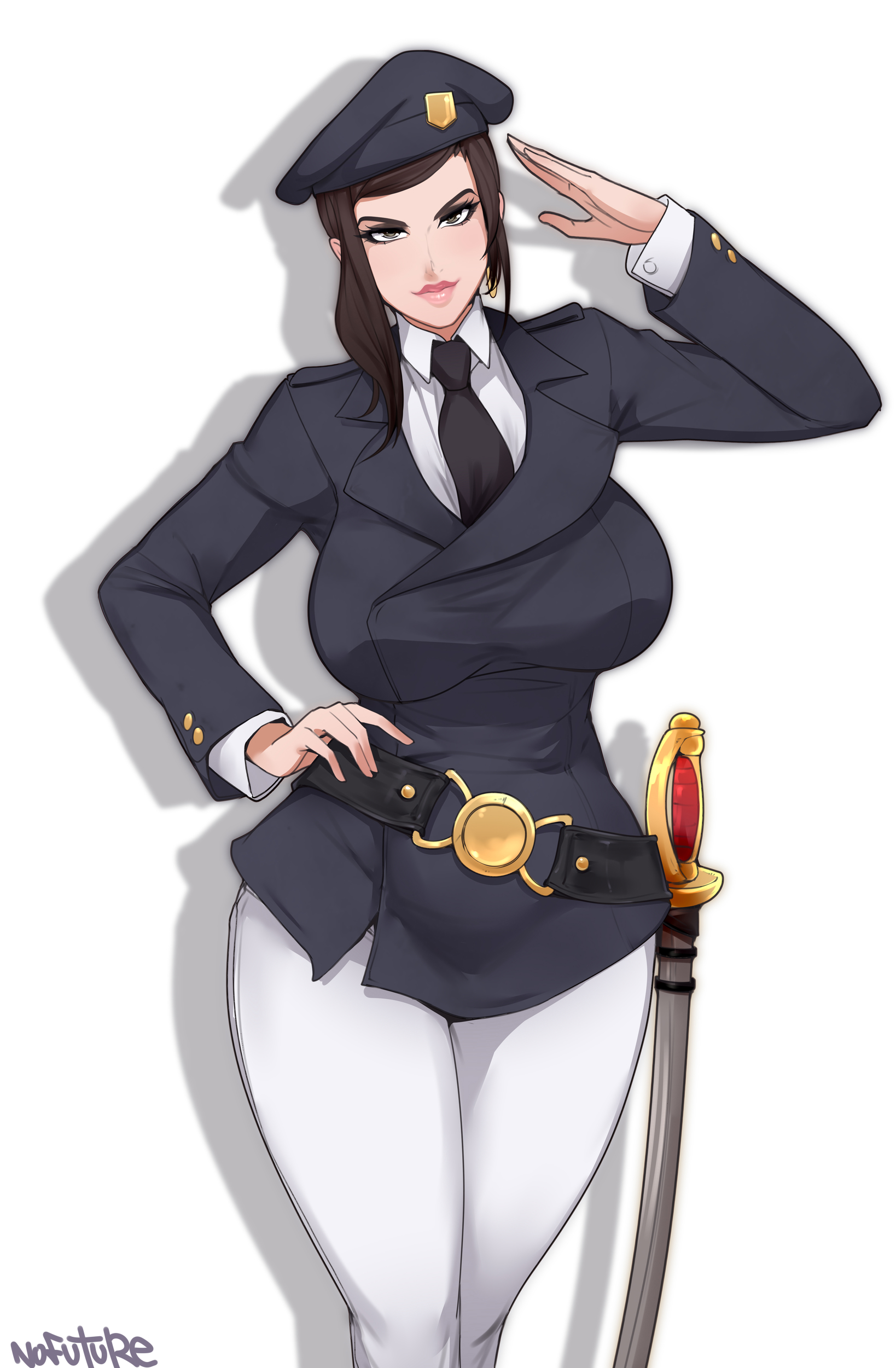 1girls, 2025, 2d, 2d (artwork), artist name, belt, beret, big breasts, black eyes, black hair, breasts, busty, busty female, clothed, clothed female, deadman wonderland, female, female only, hand on hip, hi res, looking at viewer, makina (deadman wonderland), military hat, military uniform, necktie, nofuture, pink lips, prison guard, salute, sfw, simple background, smile, smiling at viewer, solo, solo female, suit, sword, uniform, weapon, white background