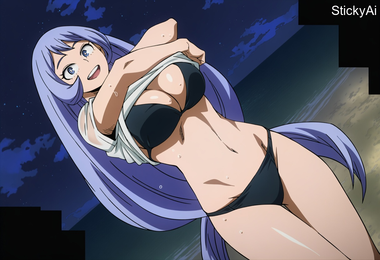 1girls, accurate art style, ai generated, anime coloring, anime style, beach, bikini, blue hair, blue-haired female, boku no hero academia, dark, female, female only, large breasts, long hair, mature female, my hero academia, nejire hado, night, solo, stickyai, water, wet