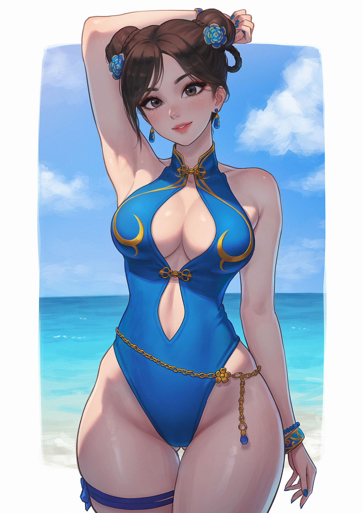 1girls, armpits, arms up, asian, asian female, beach, blue swimwear, breasts, brown eyes, brown hair, chinese, chinese female, chun-li, chun-li (street fighter 6), exposed breasts, female, official alternate costume, street fighter, street fighter 6, swimwear, umigraphics