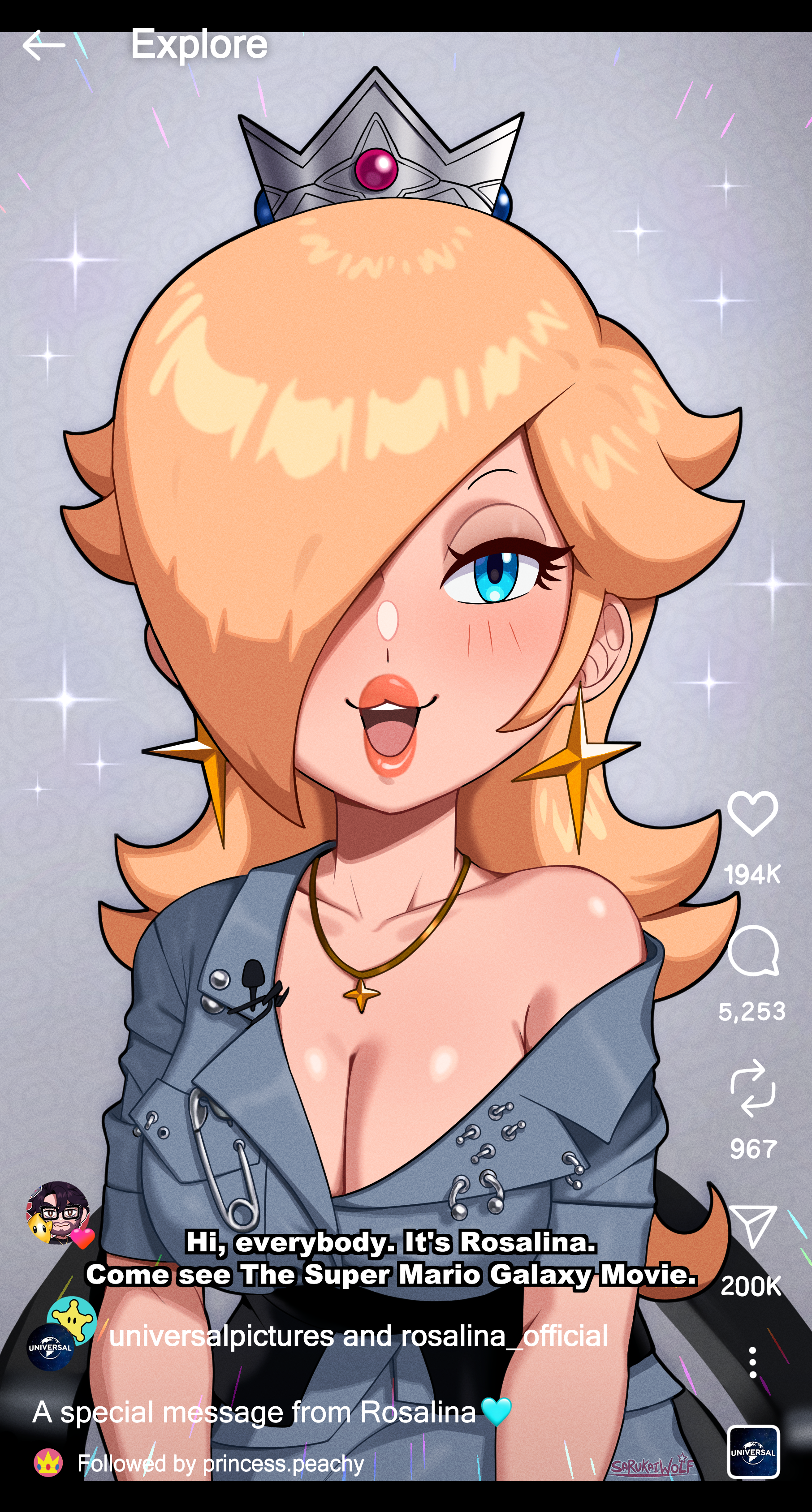 absurdres, alternate breast size (larger), blonde hair, blue eyes, blue shirt, blush, breasts, cleavage, collarbone, crown, earrings, english text, fake phone screenshot, fake screenshot, female, gold necklace, grey background, grey crown, grey shirt, hair over one eye, highres, jewelry, large breasts, livestream, long hair, looking at viewer, mario (series), necklace, nintendo, open mouth, princess rosalina, rosalina, sarukaiwolf, shirt, short sleeves, silver crown, single bare shoulder, single off shoulder, smile, solo, sparkle, star (symbol), star earrings, super mario galaxy, super mario galaxy (2026 film)