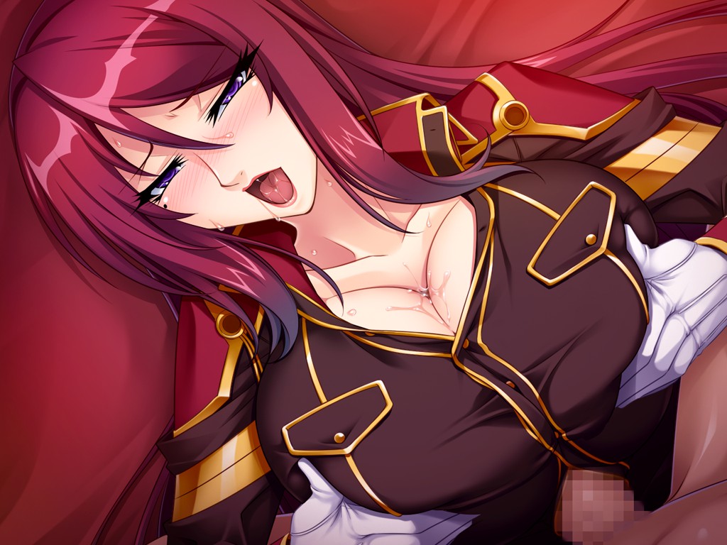 00s, 1boy, beatrice kushan, breast squeeze, breasts, censored, clothed sex, cum, female, game cg, kagami hirotaka, kangoku senkan, kangoku senkan 3, large breasts, lilith-soft, long hair, looking at viewer, lying, male, masturbation, military uniform, open mouth, paizuri, paizuri under clothes, penis, pov, red hair, shiny skin, smile, straight, sweat, uniform