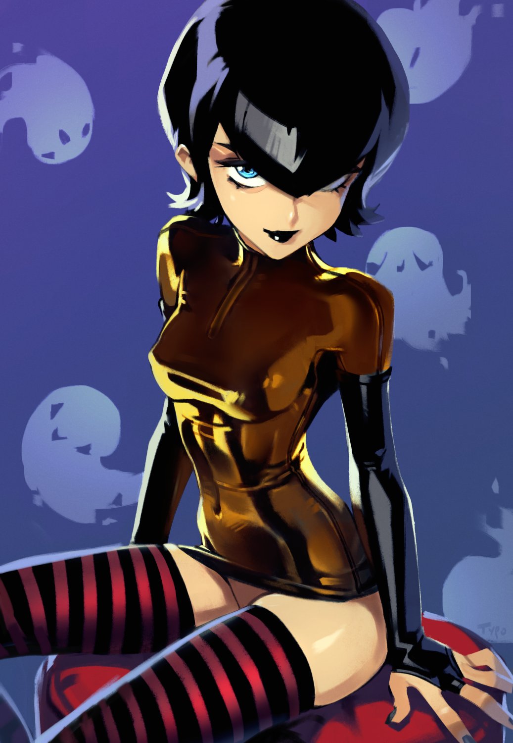 1girls, adapted costume, black gloves, black hair, black lips, blue eyes, breasts, bridal gauntlets, covered navel, covered nipples, dress, elbow gloves, female, ghost, gloves, gold dress, highres, hotel transylvania, latex, latex dress, latex gloves, lipstick, looking at viewer, makeup, mavis dracula, microdress, no panties, optionaltypo, short hair, sitting, skin tight, solo, striped clothes, striped thighhighs, thighhighs, tight clothes, tight dress