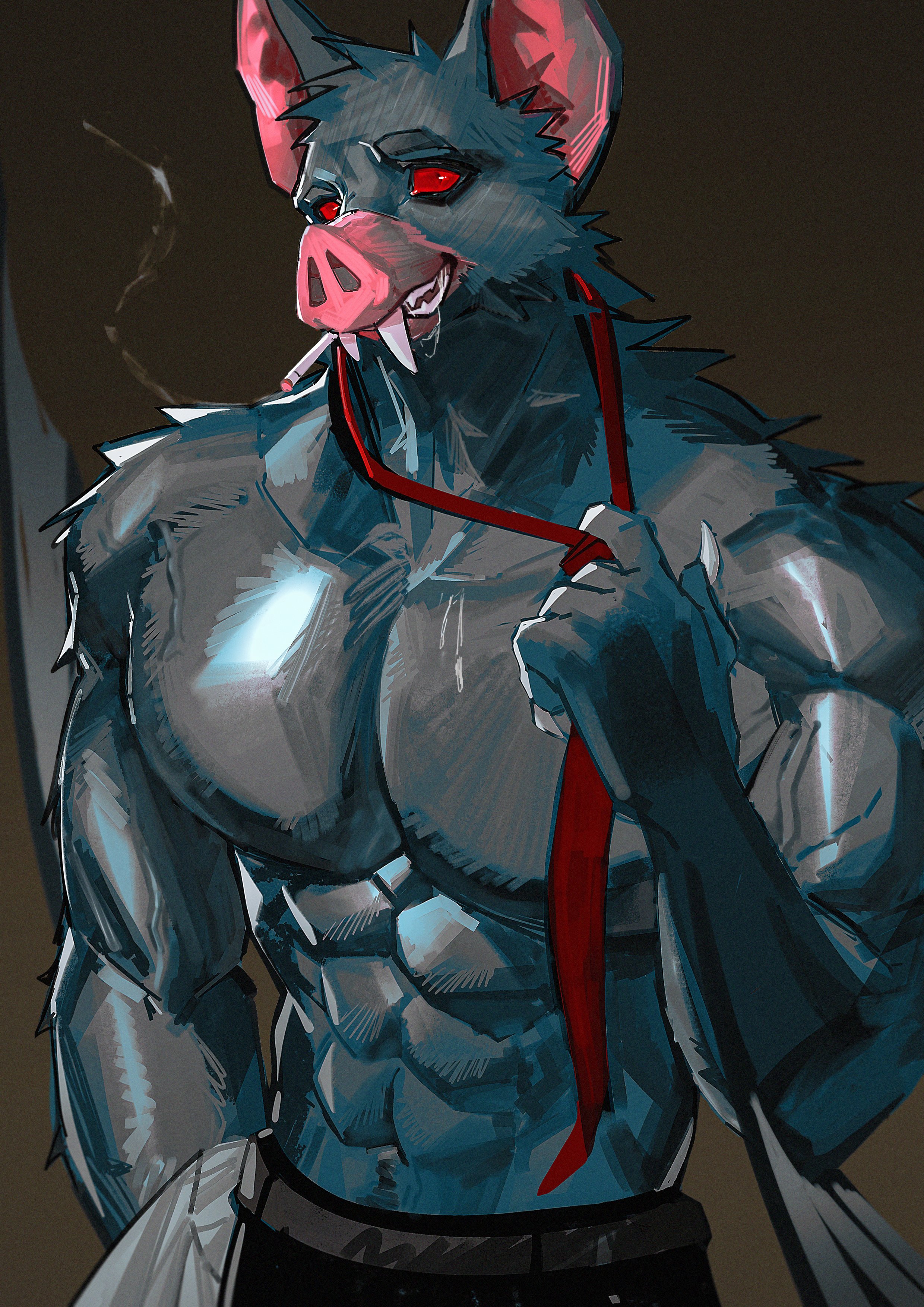bara, bat, big pecs, cigarette, dispatch (game), furry, male, male only, muscular, muscular male, red tie, solo, solo focus, solo male, sonar (dispatch), tie, toothlee
