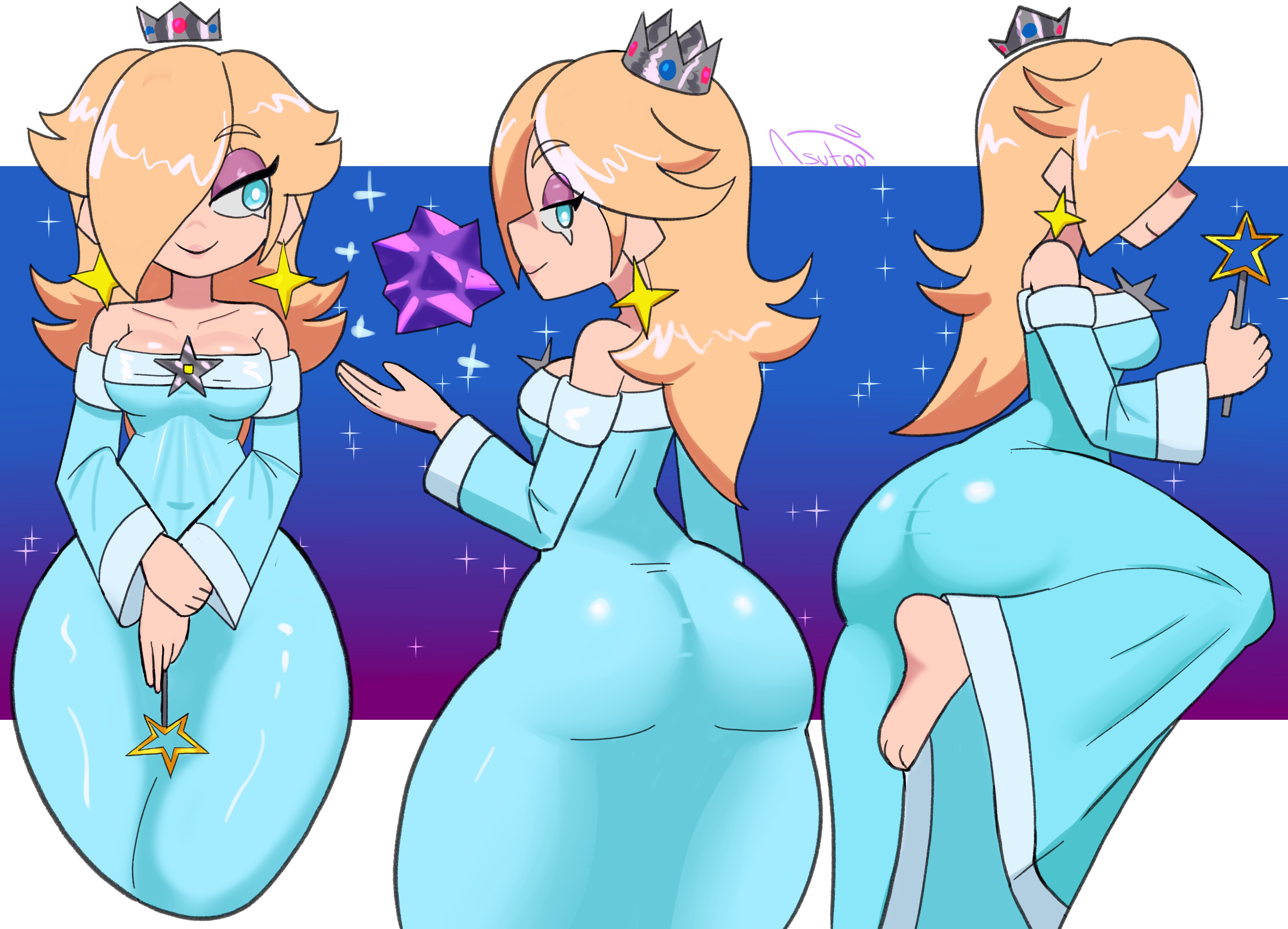 1girls, aqua dress, ass, bare shoulders, big ass, blonde hair, blue dress, blue eyes, breasts, cleavage, crown, dress, earrings, female, female only, from behind, hair over one eye, holding wand, jewelry, kasutoo1, long dress, long hair, long sleeves, mario (series), medium breasts, mini crown, multiple views, nintendo, off shoulder, off-shoulder dress, princess rosalina, smile, sparkle, star (symbol), star earrings, star hair ornament, star print, super mario galaxy, super mario galaxy (2026 film), wand
