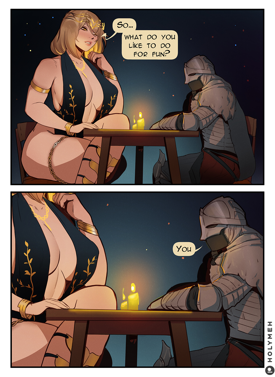 1boy, 1girls, big ass, big breasts, blonde hair, breasts, color, comic, date, dialogue, drawing, elden ring, english text, fanart, female, hips, holy meh, holymeh, large breasts, larger female, light skin, light-skinned female, male, marika, neckline, queen marika the eternal, sexy, size difference, smaller male, speech bubble, tarnished, text, thick thighs, thighs