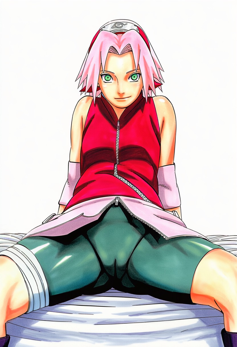 1girls, accurate art style, accurate body type, ai generated, arm support, bandaged leg, bandages, bed, bed sheet, bike shorts, black footwear, boots, breasts, cameltoe, closed mouth, clothing, digital media (artwork), elbow sleeve, fanart, fat mons, female, female focus, female only, footwear, green eyes, green shorts, headband, highres, innie pussy, konohagakure symbol, latex, leaning back, light skin, light smile, light-skinned female, looking at viewer, masashi kishimoto style, miniskirt, naruto, naruto (series), naruto shippuden, on bed, overskirt, pink hair, pink skirt, pussy, sakura haruno, shiny clothes, shiny hair, shiny skin, shorts, simple background, sitting, skin tight, skirt, sleeveless, sleeveless shirt, small breasts, smile, solo, solo female, solo focus, spread legs, thick thighs, thighs, tight clothing, tight shorts, white background, zipper, zipper pull tab, ㅇㅇ