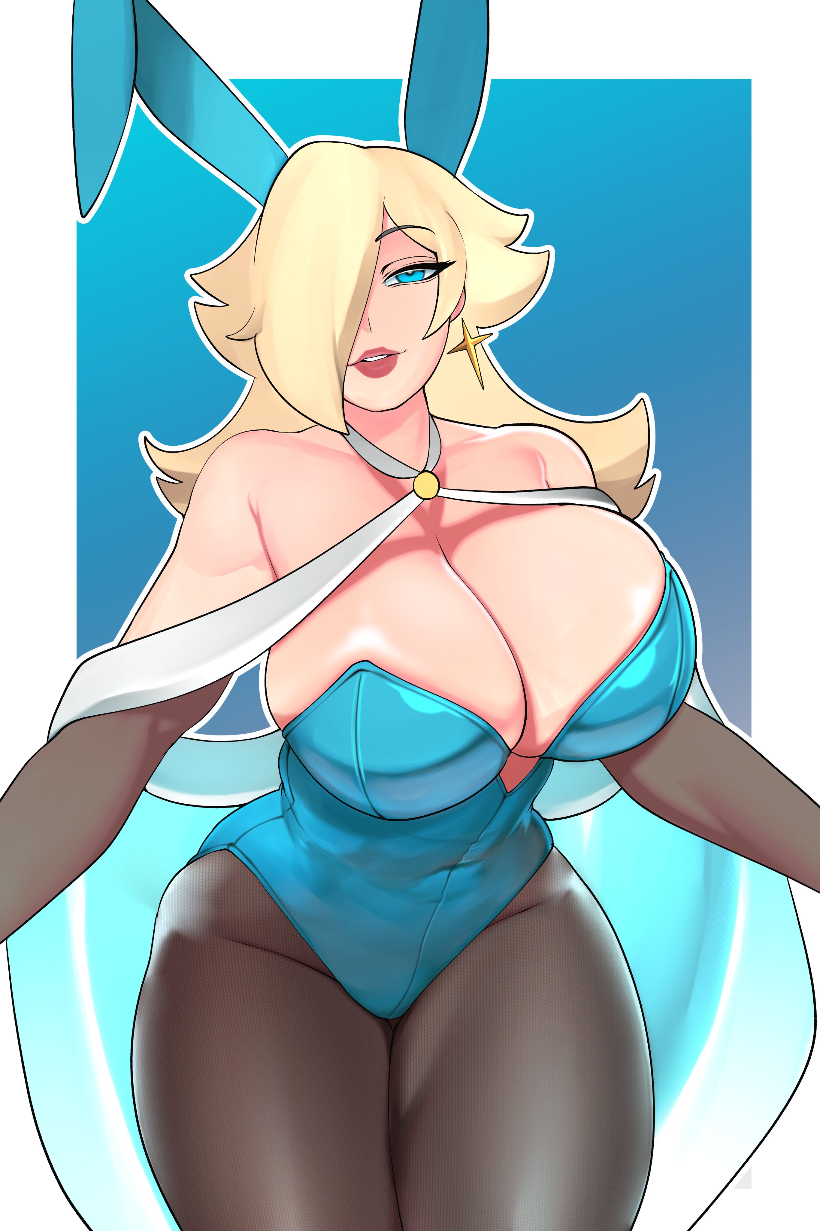 1girls, animal ears, bare shoulders, big breasts, blonde hair, blue eyes, breasts, brothbowl, bunny ears, bunny girl, bunnysuit, cleavage, curvy, earrings, female, female only, hair over one eye, huge breasts, jewelry, lips, lipstick, long hair, looking at viewer, makeup, mario (series), nintendo, pantyhose, princess rosalina, solo, super mario galaxy, thick thighs, thighs