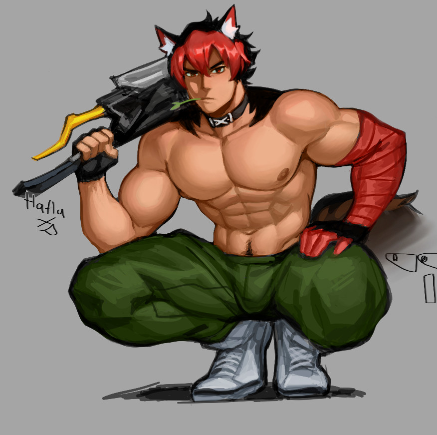 1boy, 2025, abs, angry, bandage, bara, belly, belly button, bulge, canine, canine ears, deer3art, detailed, flaccid, furry ears, hair, happy trail, hoyoverse, kemonomimi, komano manato, looking at viewer, male, male only, menacing, muscular, muscular male, nipples, no visible genitalia, pecs, pubic hair, red hair, serious, solo, tan body, tan skin, topless, two-tone hair, veiny, veiny muscles, wolf ears, zenless zone zero