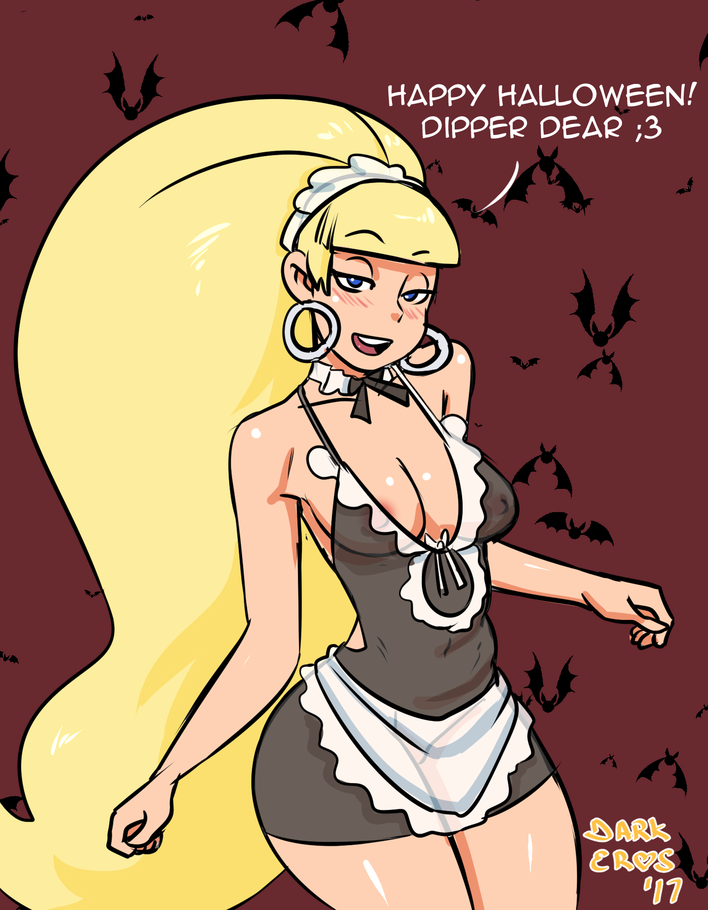 1girls, 2017, aged up, big hair, cleavage, darkeros13, disney, disney channel, disney xd, english text, female, female only, gravity falls, halloween, maid apron, maid headdress, name drop, pacifica northwest, see-through, solo, straight hair, text, thedarkeros, very long hair