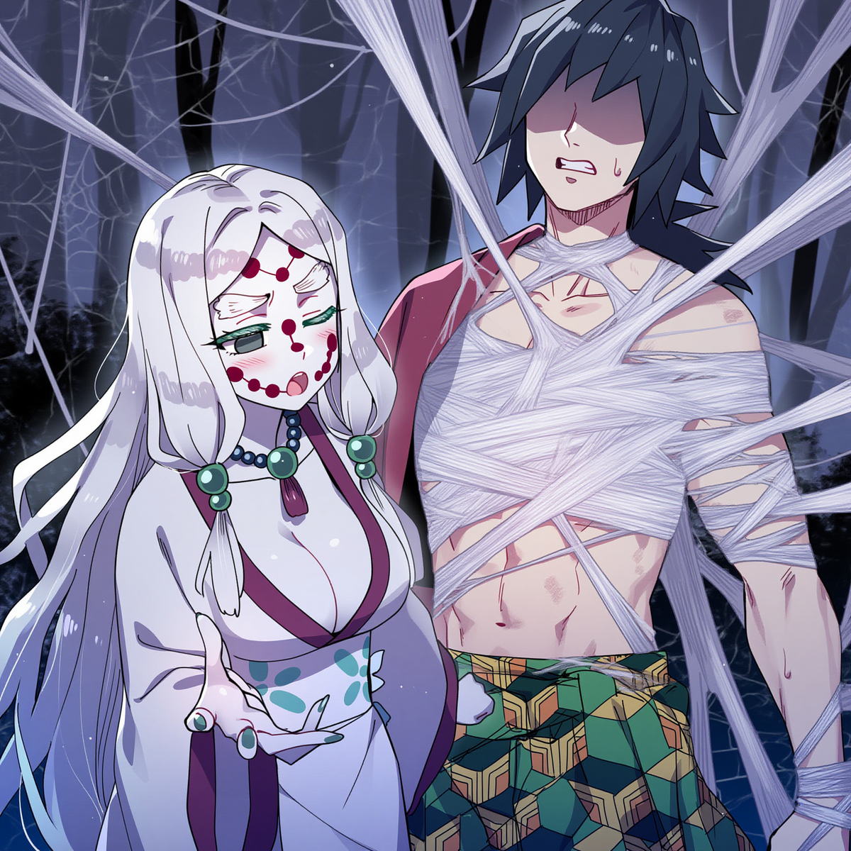 ai generated, big breasts, black hair, blush, clothed, darklust, defeated, demon slayer, green eyes, kidnapped, kidnapping, kimetsu no yaiba, male, mother spider demon, muscular, muscular male, nude, nude female, nude male, reverse rape, spider web, tattoo, tied, tomioka giyuu, white hair