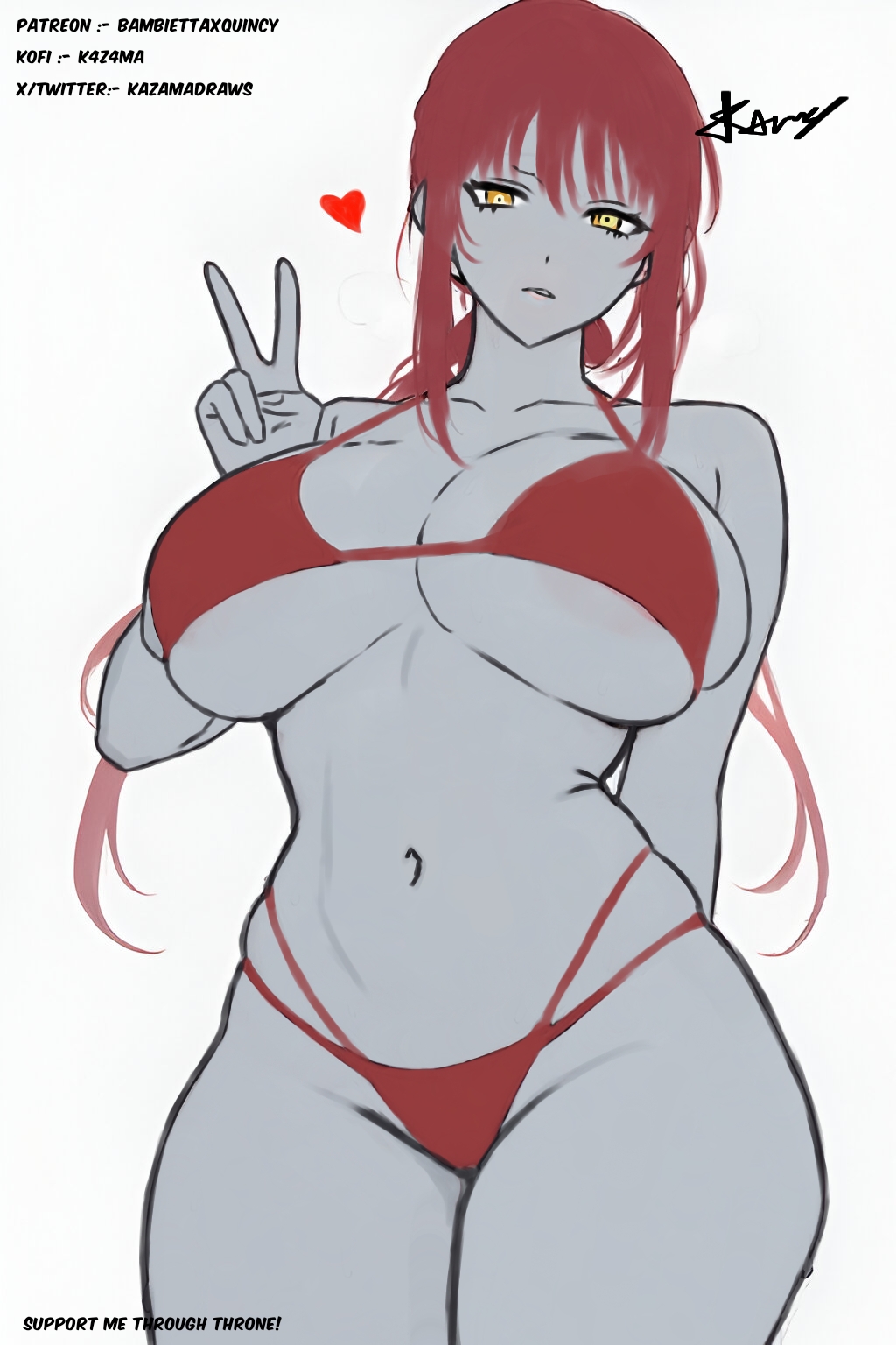 anime girl, big breasts, bikini, breasts, fanart, grey skin, hourglass figure, huge breasts, ibispaintx, makima (chainsaw man), red hair, slim waist, taller female, thick ass, thick thighs, yellow eyes