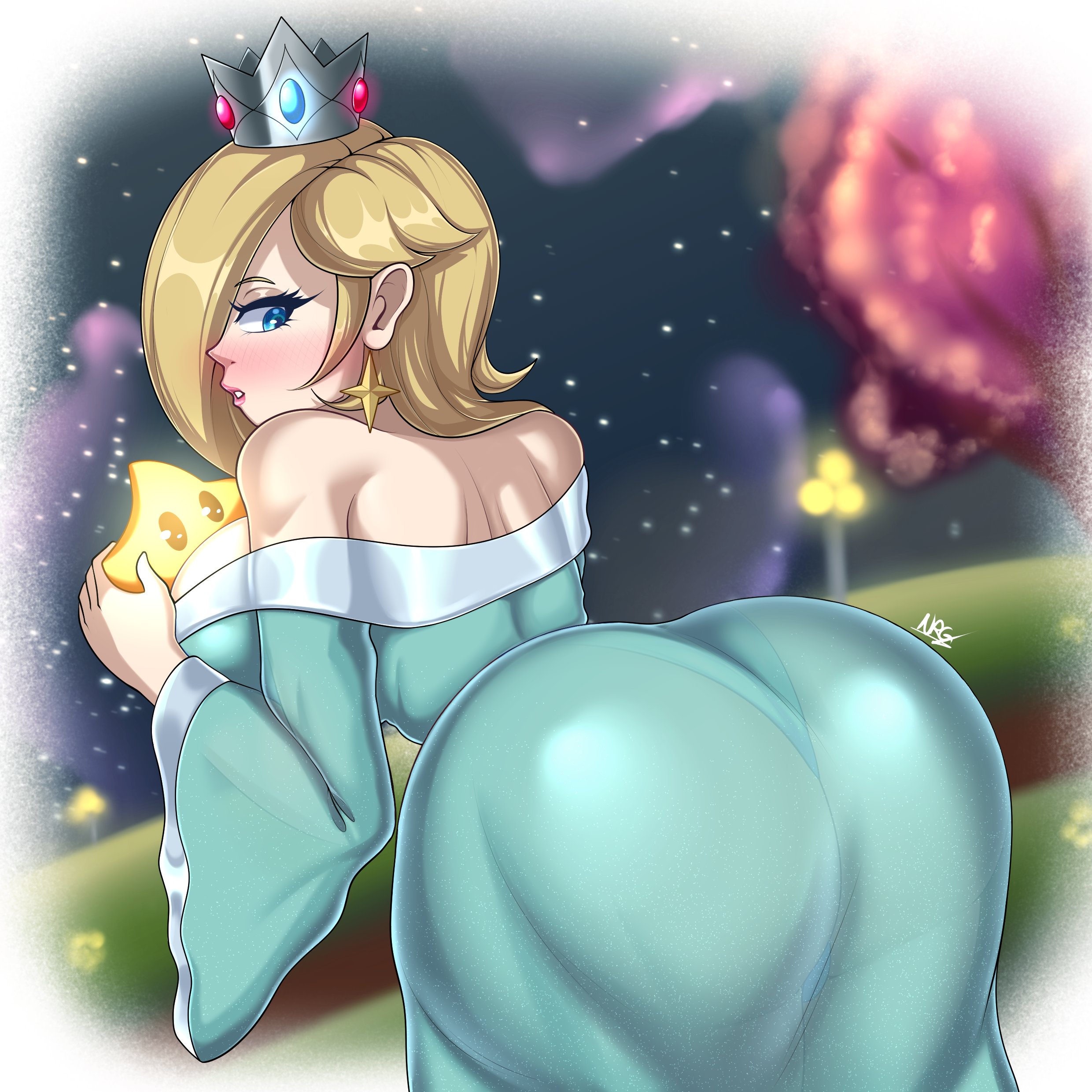 1girls, aqua dress, artist name, ass, bare shoulders, big ass, big breasts, blonde hair, blue eyes, blush, breasts, crown, curvy, dress, earrings, female, female only, from behind, hair over one eye, jewelry, lips, long hair, looking at viewer, looking back, mario (series), nintendo, nrgxer, off shoulder, off-shoulder dress, parted lips, princess rosalina, solo, star (symbol), star earrings, star print, super mario galaxy, thick thighs, thighs, wide sleeves