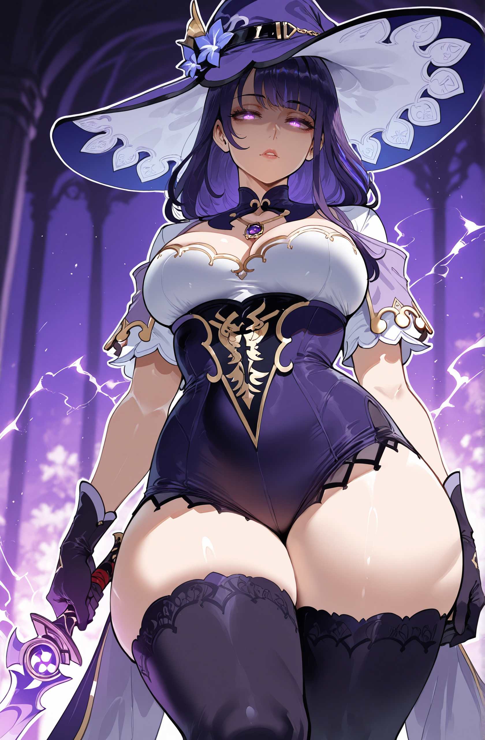 1boy, ai generated, bangs, black gloves, black legwear, blunt bangs, breasts, cleavage, cosplay, costume, curvaceous, curvaceous female, curvaceous figure, curvy, curvy body, curvy female, curvy figure, curvy hips, female, genshin impact, gloves, hat, kimono, large breasts, lips, lisa (genshin impact), lisa (genshin impact) (cosplay), long hair, looking at viewer, male, mature female, miyuai, mole, puffy sleeves, purple eyes, purple hair, raiden shogun, solo, tagme, thick, thick ass, thick legs, thick thighs, thighhighs, thighs, uncensored, voluptuous, voluptuous body, voluptuous female, witch, witch hat