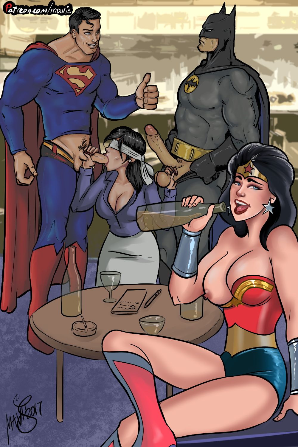 2017, 2boys, 2girls, alcohol, batman, batman (bruce wayne), batman (series), big breasts, black hair, blindfold, blue eyes, breasts, bruce wayne, clark kent, dc, dc comics, drinking, fellatio, female, kal-el, lois lane, male, mavruda, nipples, oral, superman, superman (clark kent), superman (series), swingers, wonder woman, wonder woman (series)
