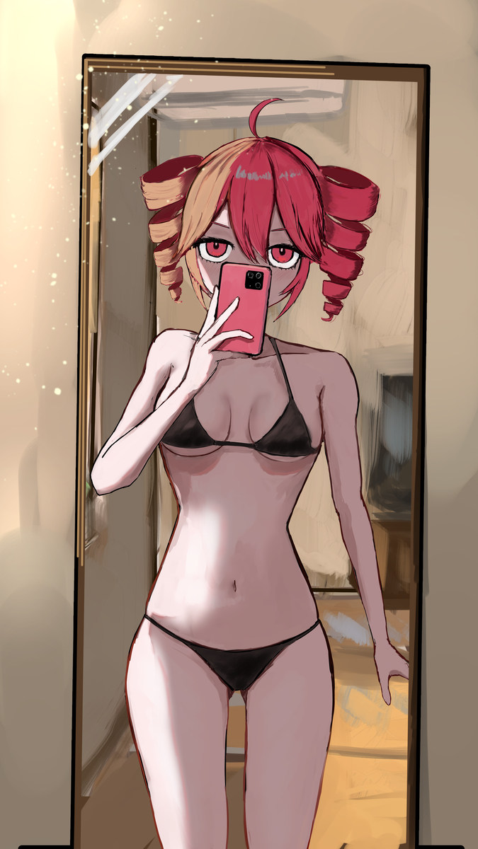 1girls, 2d, 2d (artwork), 37desu, ahoge, ass visible through thighs, bangs, belly, bikini, breasts, clavicle, covered mouth, detailed background, female, female only, kasane teto, medium breasts, midriff, mirror, mirror selfie, navel, petite, petite body, petite female, phone, red eyes, red hair, selfie, sidelocks, skinny, skinny female, slim girl, slim waist, solo, solo female, taking picture, thigh up, thighs, twin drills, utau, wide hips