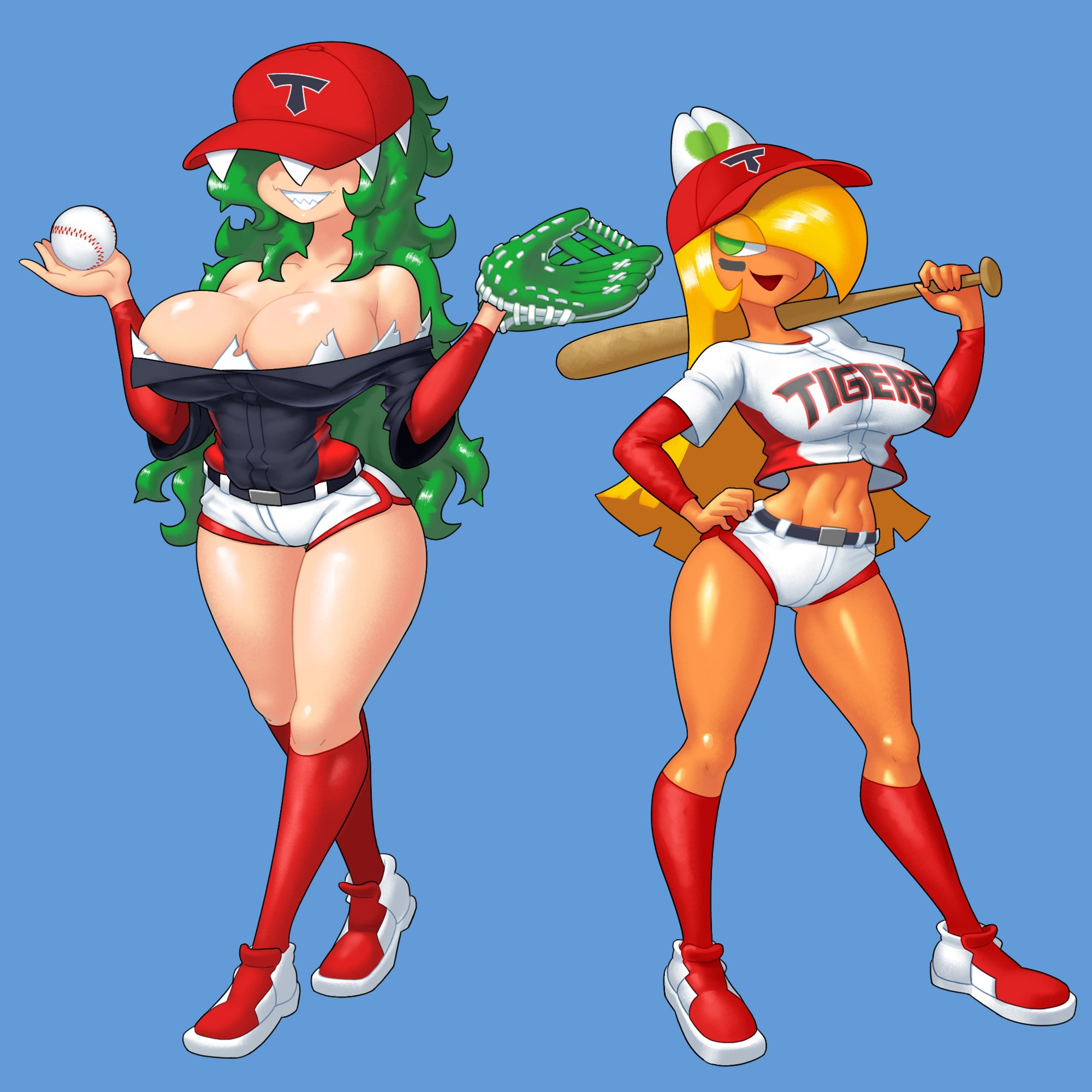 2025, 2d, 2girls, abs, baseball, baseball bat, baseball cap, baseball uniform, big breasts, breasts, curvy, cute, female, footwear, green eyes, green hair, hat, koopa, koopa girl, koopa troopa, light skin, light-skinned female, long hair, mario (series), minus8, nintendo, orange body, piranha plant, piranha plant girl, plain background, shoes, shorts, super mario bros., thick thighs, thighs, yellow hair