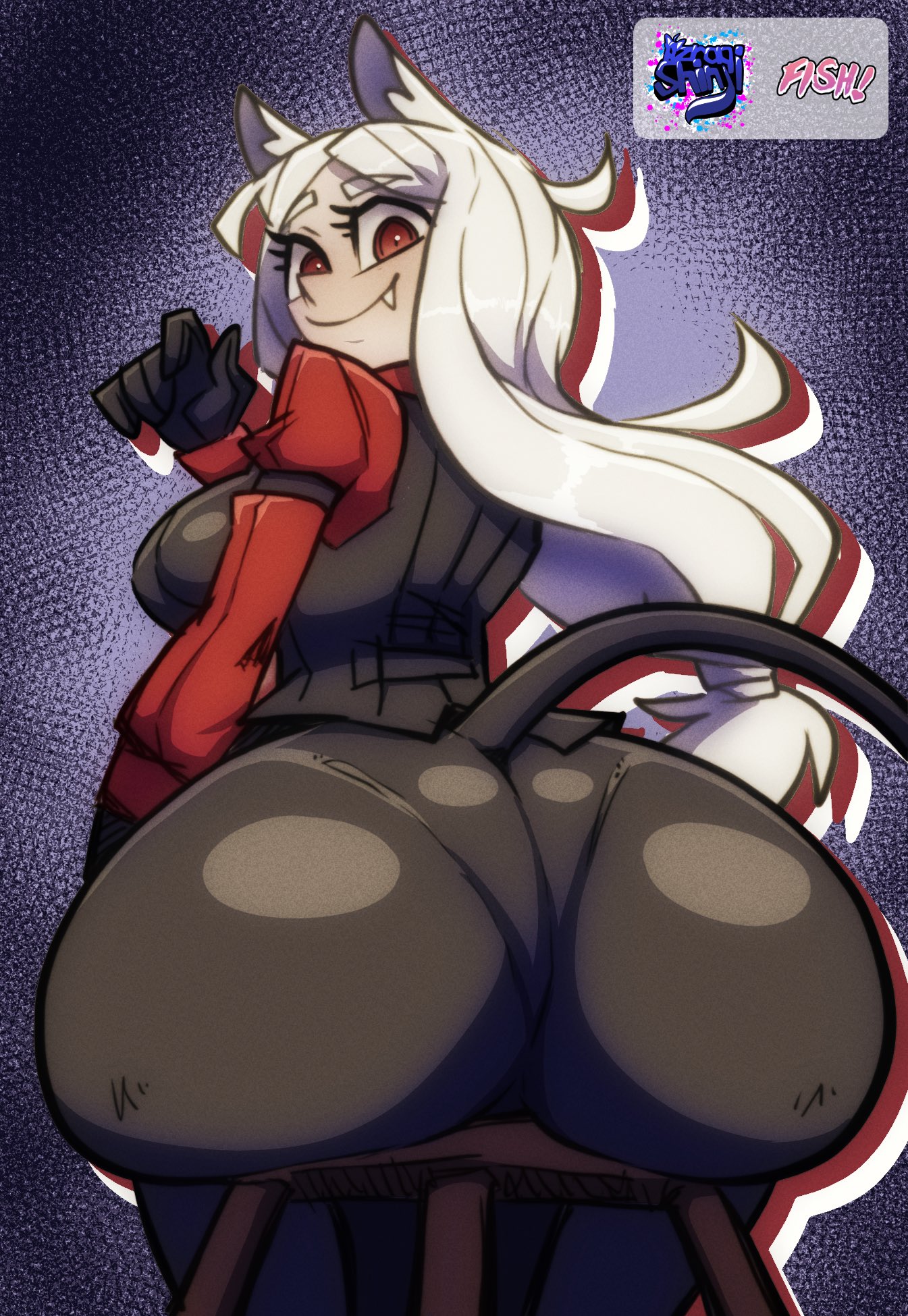1girls, 2025, animal ears, animal humanoid, artist name, ass, ass focus, azraq shinji (azraqshinji), back view, big ass, big breasts, breasts, busty, canid, canid demon, canine, canine humanoid, cerberus (helltaker), clothed, clothed female, clothing, collaboration, curvaceous, curvy, demon, demon girl, dog ears, fangs, feet out of frame, female, fully clothed, gloves, hair, handwear, helltaker, hi res, humanoid, large ass, large breasts, light skin, light-skinned female, long hair, looking at viewer, looking back, mammal humanoid, oerba yun fang, pantylines, parallaxfused, red eyes, signature, sitting, sitting on stool, smile, smiling, smiling at viewer, solo, stool, tail, very long hair, white hair, wide hips
