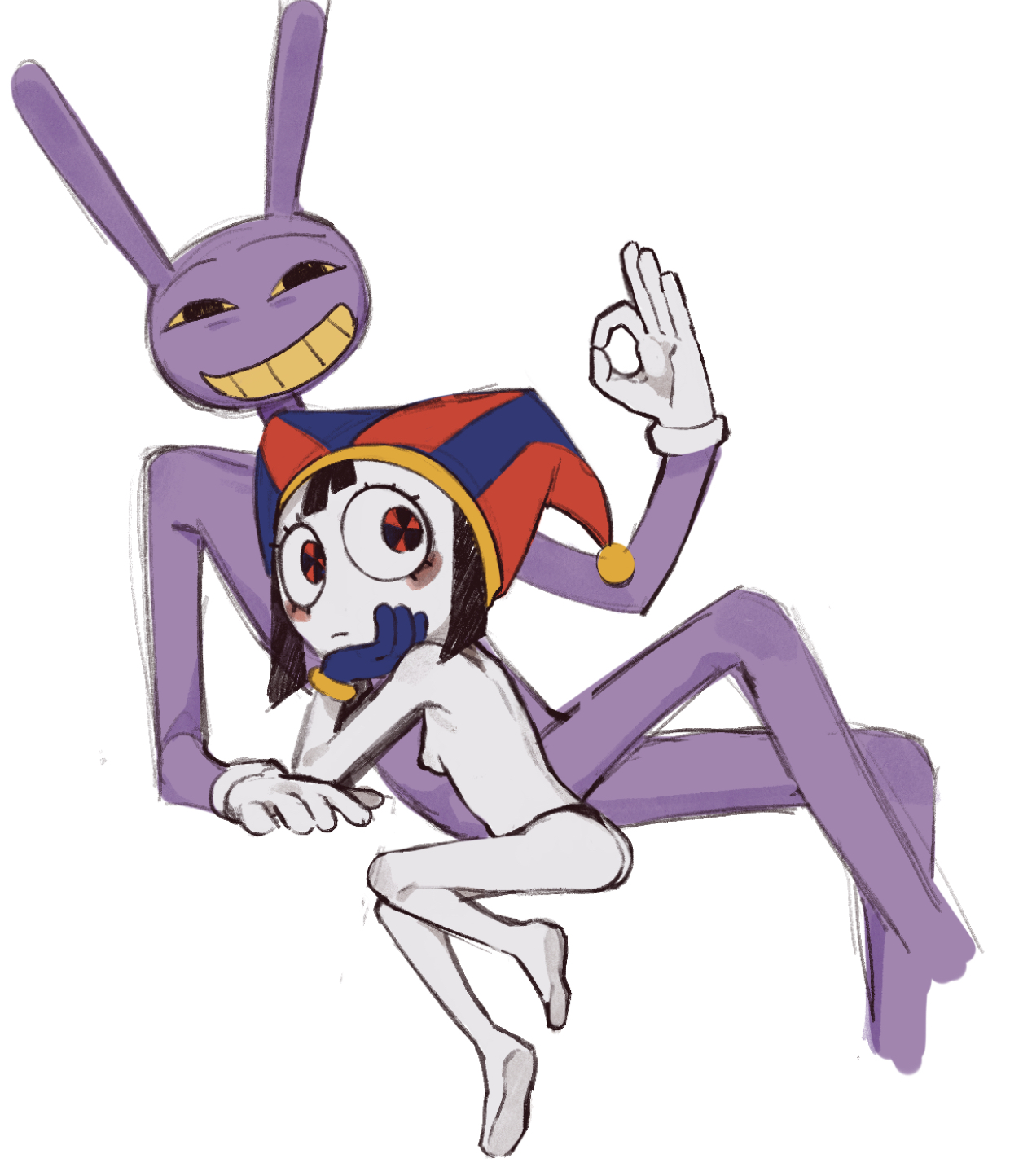 1boy, 1girls, bigger male, bunny ears, bunnyboy, female, g-string, glitch productions, gloves, grin, height difference, jax (the amazing digital circus), jester girl, jester hat, male, minominoks, ok sign, petite female, pomni (the amazing digital circus), purple skin, short hair, small breasts, smaller female, the amazing digital circus, unusual pupils, white skin