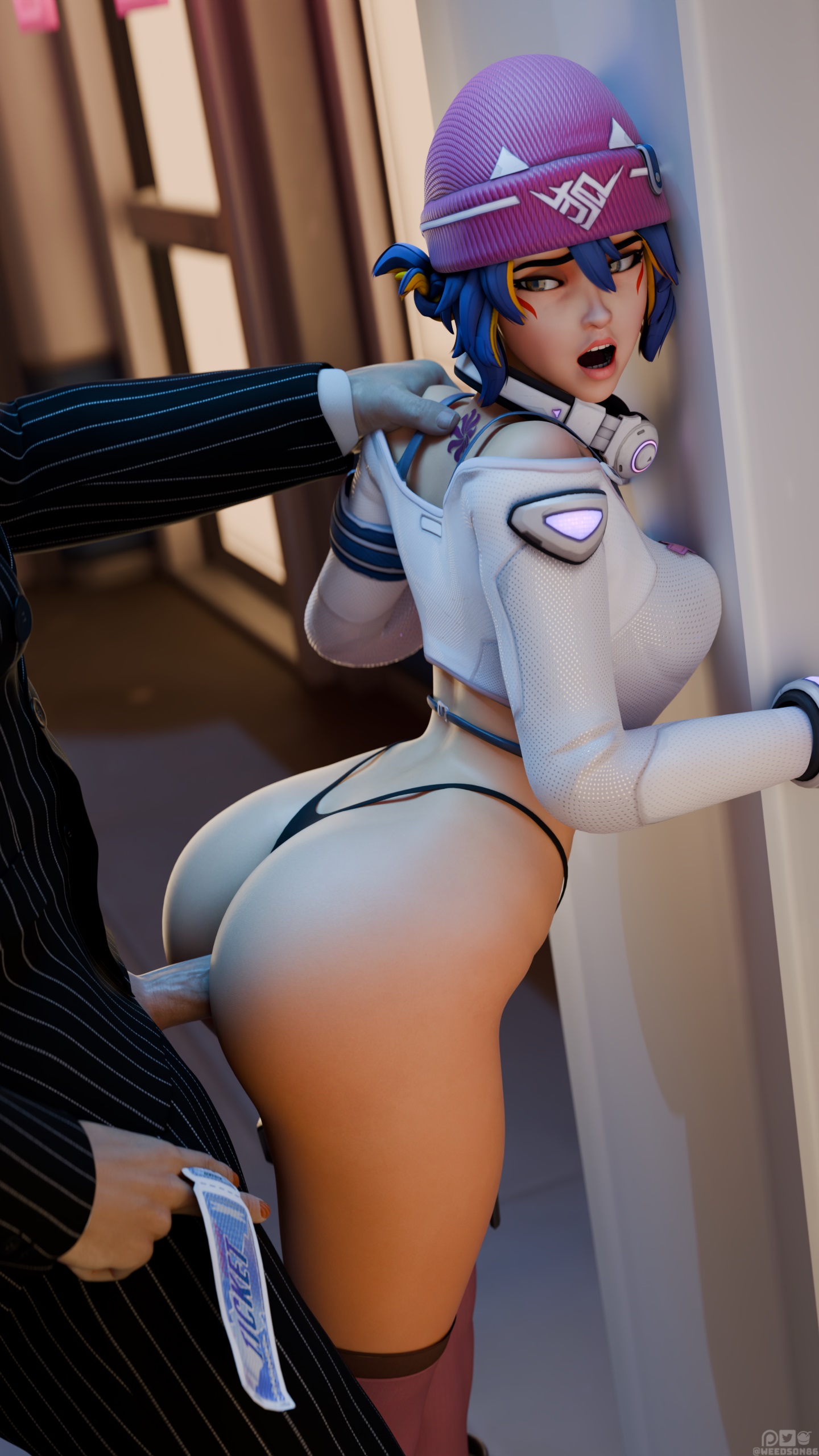 1boy, 1boy1girl, 1girls, 2025, 3d, 3d (artwork), against surface, against wall, antifragile kira-kira, ass, athletic, athletic female, balls, beanie, beanie hat, black panties, black thong, blender, blizzard entertainment, clothed, clothing, erect penis, erection, female, female penetrated, from behind, from behind position, headwear, horny, horny female, kiriko (overwatch), kiriko kamori, le sserafim, leaning, leaning against wall, leaning forward, light skin, light-skinned female, light-skinned male, male, male penetrating, male penetrating female, male/female, overwatch, overwatch 2, panties, penis, penis out, pleasure face, seductive, seductive eyes, seductive look, sex, standing doggy style, standing sex, straight, thong, thong panties, weedson86