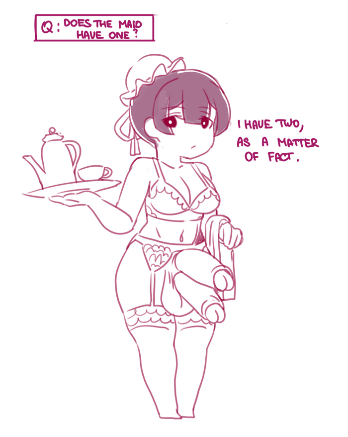 1futa, 2 penises, balls, bra, breasts, chibi, diphallism, futanari, garter belt, garter straps, lingerie, maid, maid headdress, medium breasts, monochrome, multi penis, multiple penises, no panties, original, panzermeido, penis, secunduspublius, thighhighs, towel, tray, uncircumcised