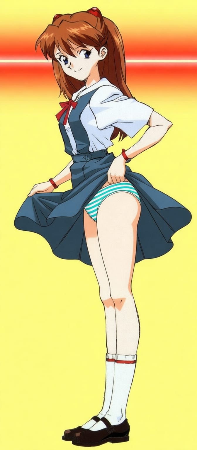 accurate art style, ai generated, asuka langley sohryu, neon genesis evangelion, solo female, striped panties, upskirt