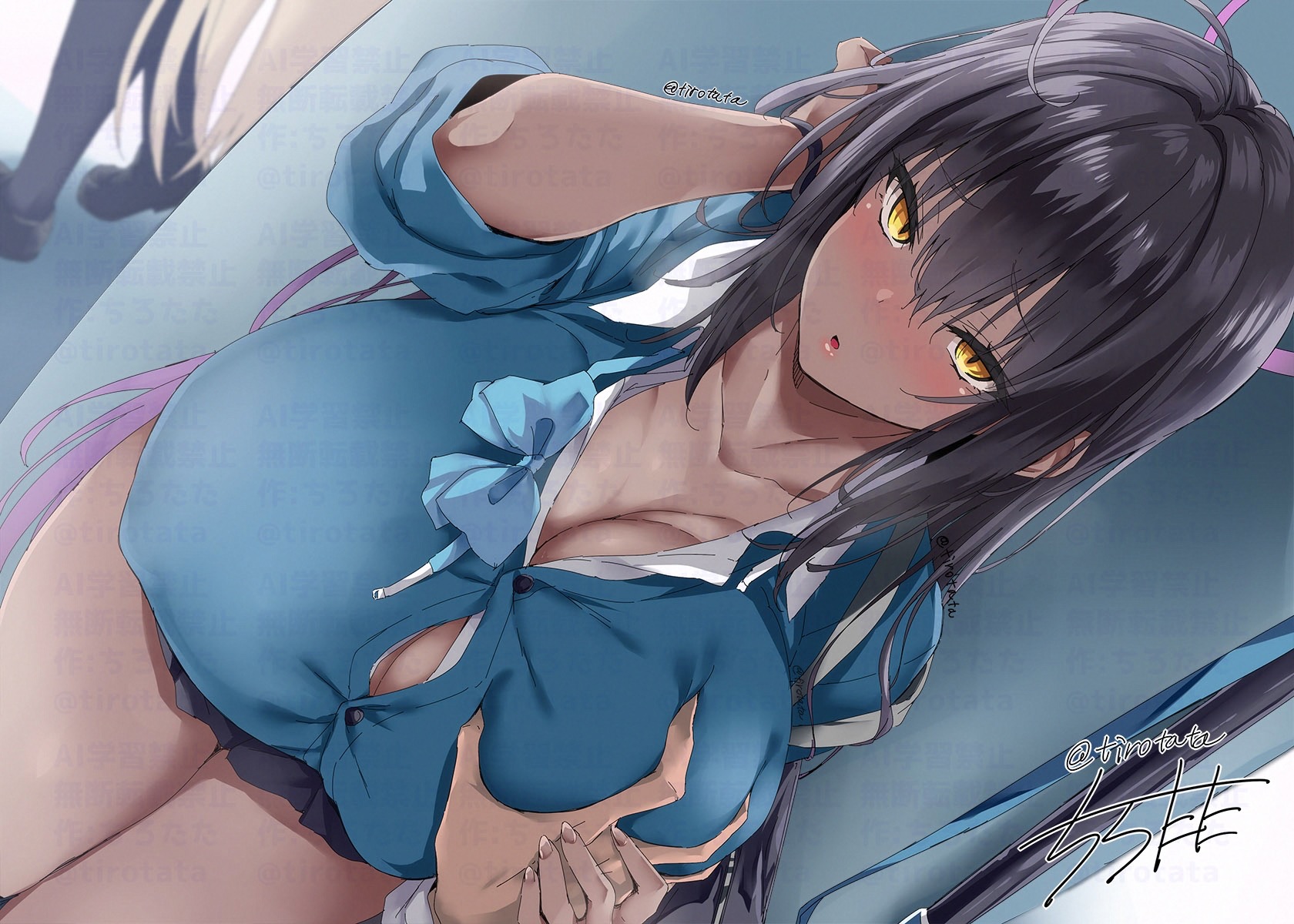 2girls, asuna (blue archive), black hair, black skirt, blue archive, blue cardigan, blush, breasts, button gap, cardigan, cleavage, dark skin, dark-skinned female, dutch angle, gigantic breasts, grabbing another's breast, groping, halo, hand in own hair, huge breasts, karin (blue archive), karin (school uniform) (blue archive), lips, long hair, miniskirt, multiple girls, open mouth, school uniform, shirt, signature, skirt, slit pupils, standing, straight hair, thick thighs, thighs, tirotata, twitter username, watermark, white shirt, yellow eyes