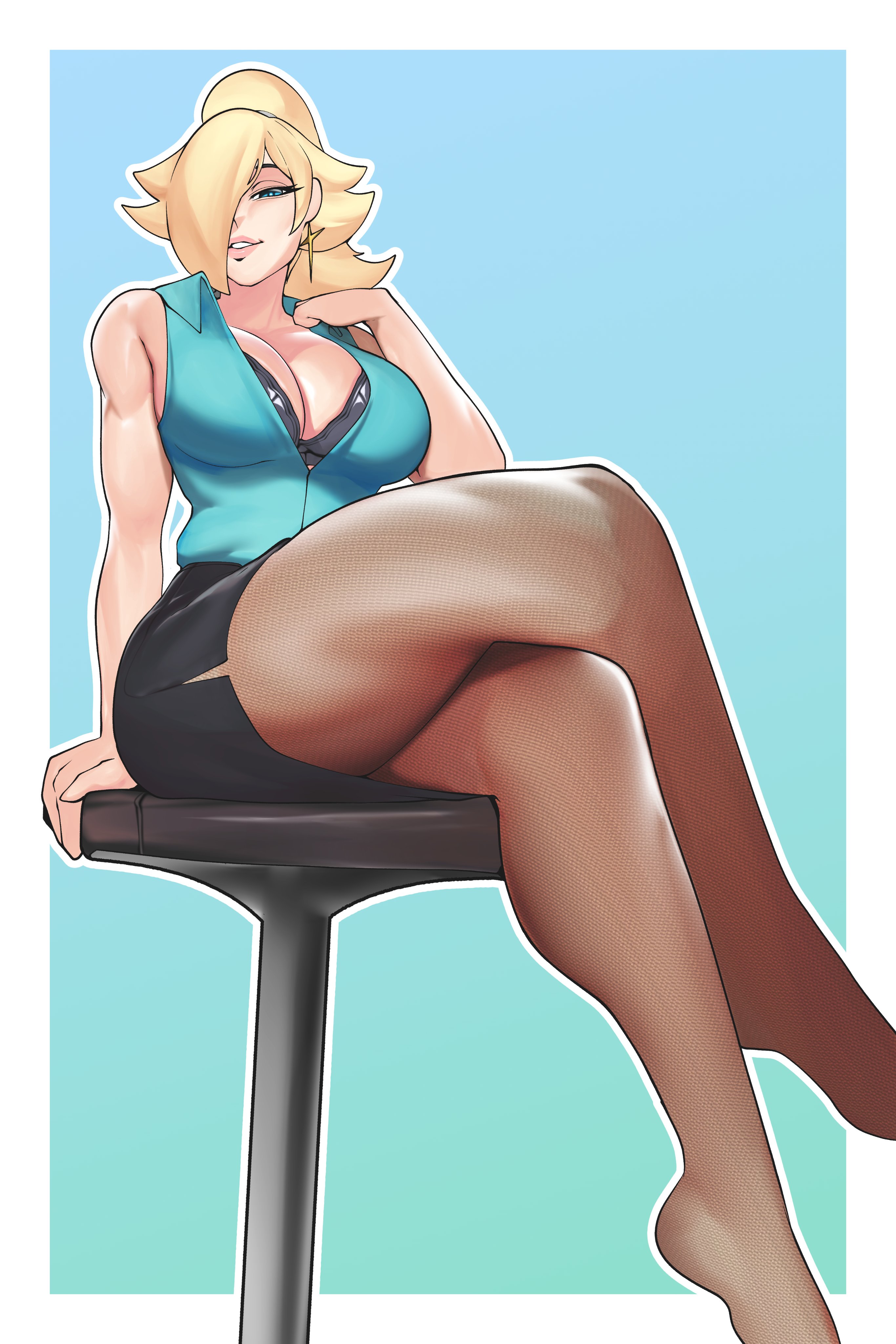 1girls, big breasts, blonde hair, breasts, brothbowl, cleavage, crossed legs, female, female only, hair over one eye, large breasts, lips, mario (series), miniskirt, nintendo, office lady, pantyhose, pencil skirt, princess rosalina, sitting, skirt, sleeveless, solo, super mario galaxy, thick thighs, thighs