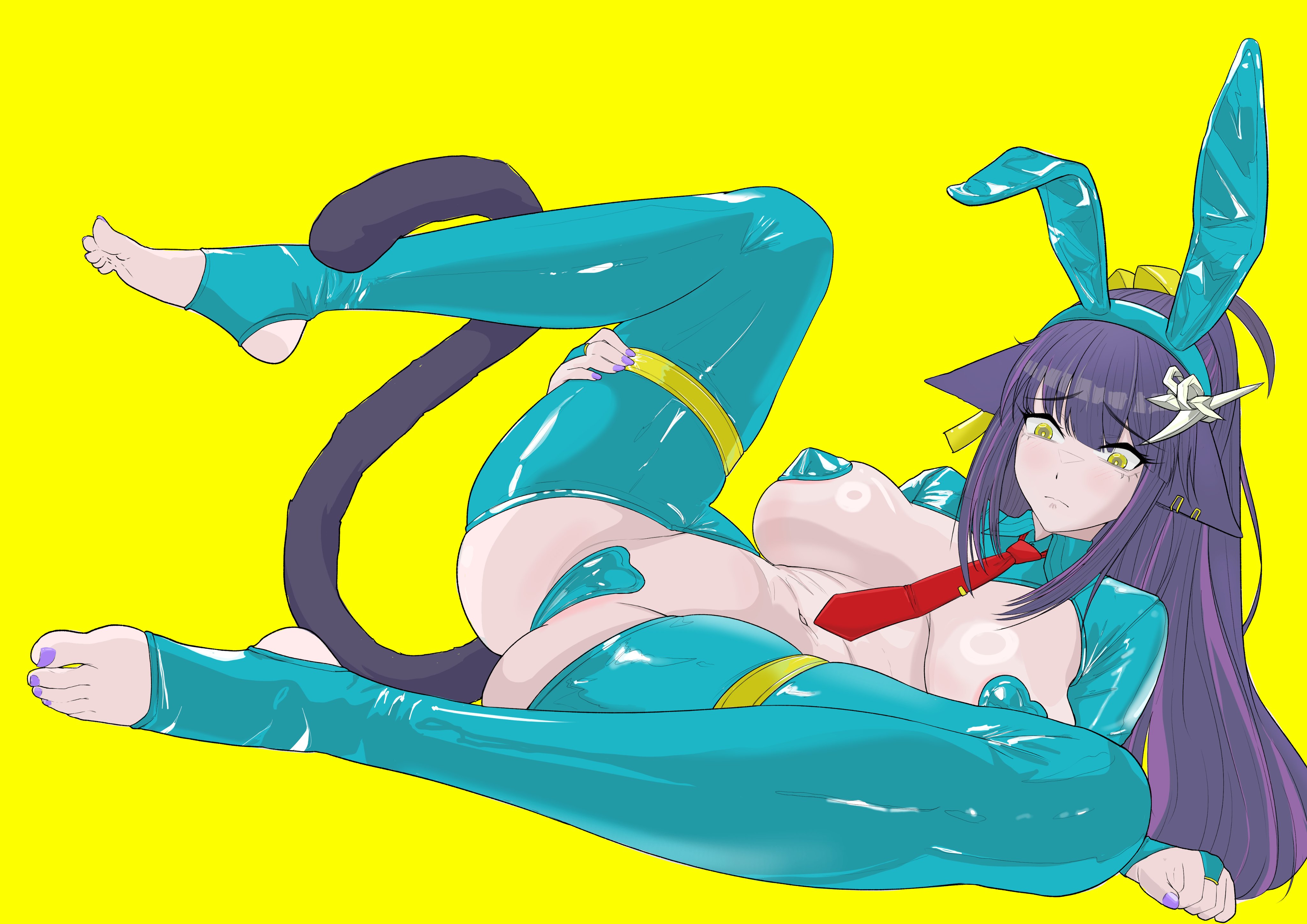 animal ears, areolae slip, arknights, cat ears, catgirl, fake animal ears, female, female only, jessica (arknights), maebari, pasties, pohong kayu, reverse bunnysuit, tail