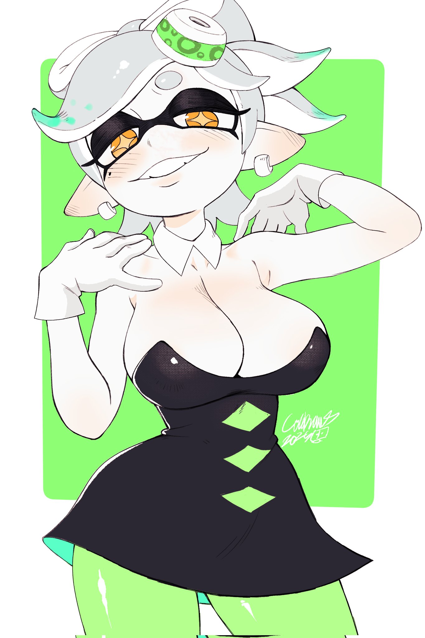 beauty mark, big breasts, blush, breasts, cleavage, collar, colo, dress, earrings, gloves, grey hair, marie (splatoon), nintendo, smile, splatoon, splatoon (series), thighhighs, yellow eyes