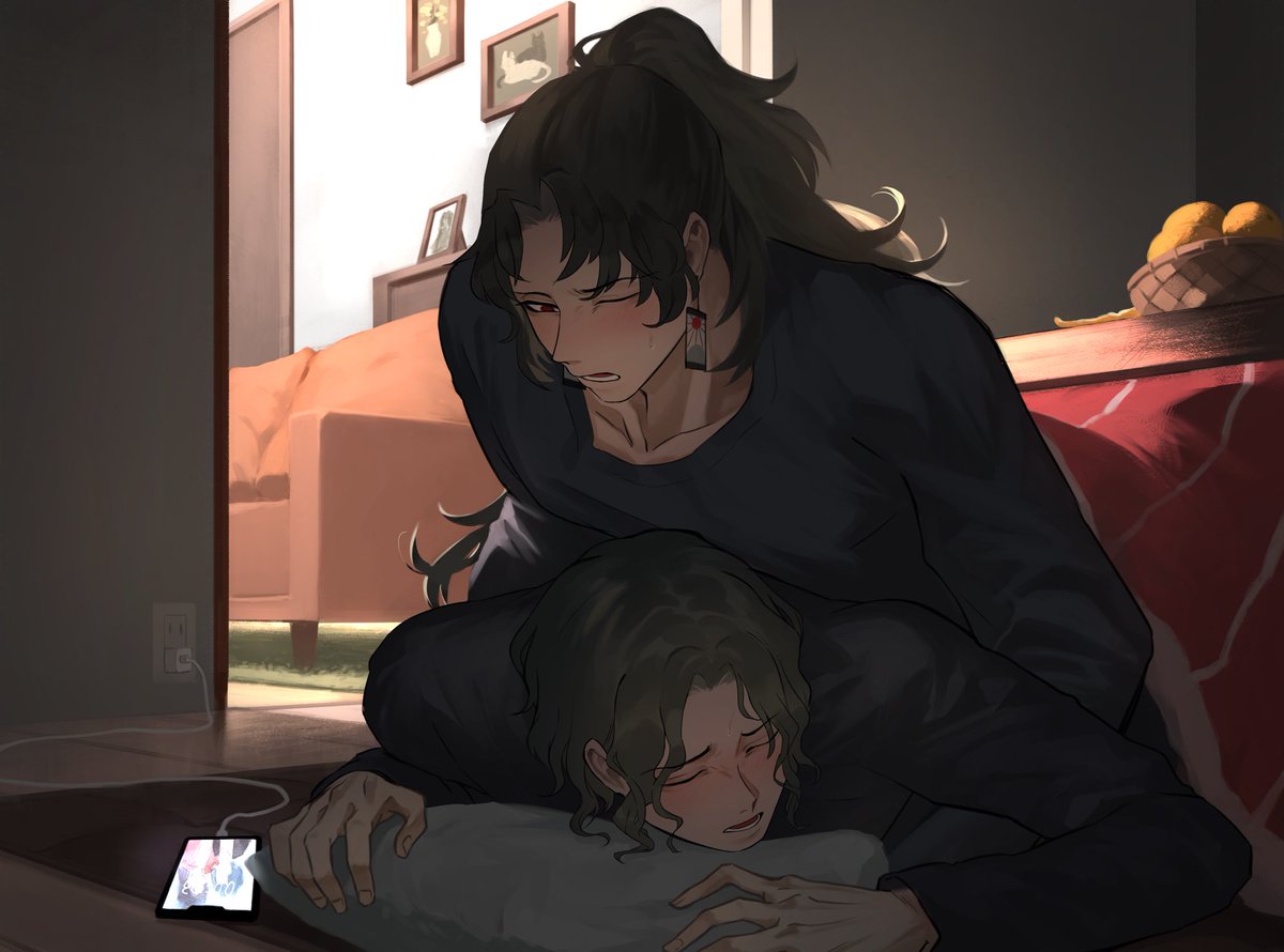 black hair, blush, burgundy hair, charger, closed eyes, clothes on, consent, covered up, credits, curly hair, demon, demon boy, demon slayer, earrings, gay, gay male, gripping pillow, hanafuda earrings, hidden sex, hidden sexual act, holding chest, holding person, human, human male, idk what to tag it, implied sex, interspecies, kimetsu no yaiba, light skin, male, male only, maroon eyes, moaning, modern au, muzan kibutsuji, not mine, not my art, phone, pleasure face, pleasured, ponytail, red eyes, under the table, yaoi, yoriichi tsugikuni