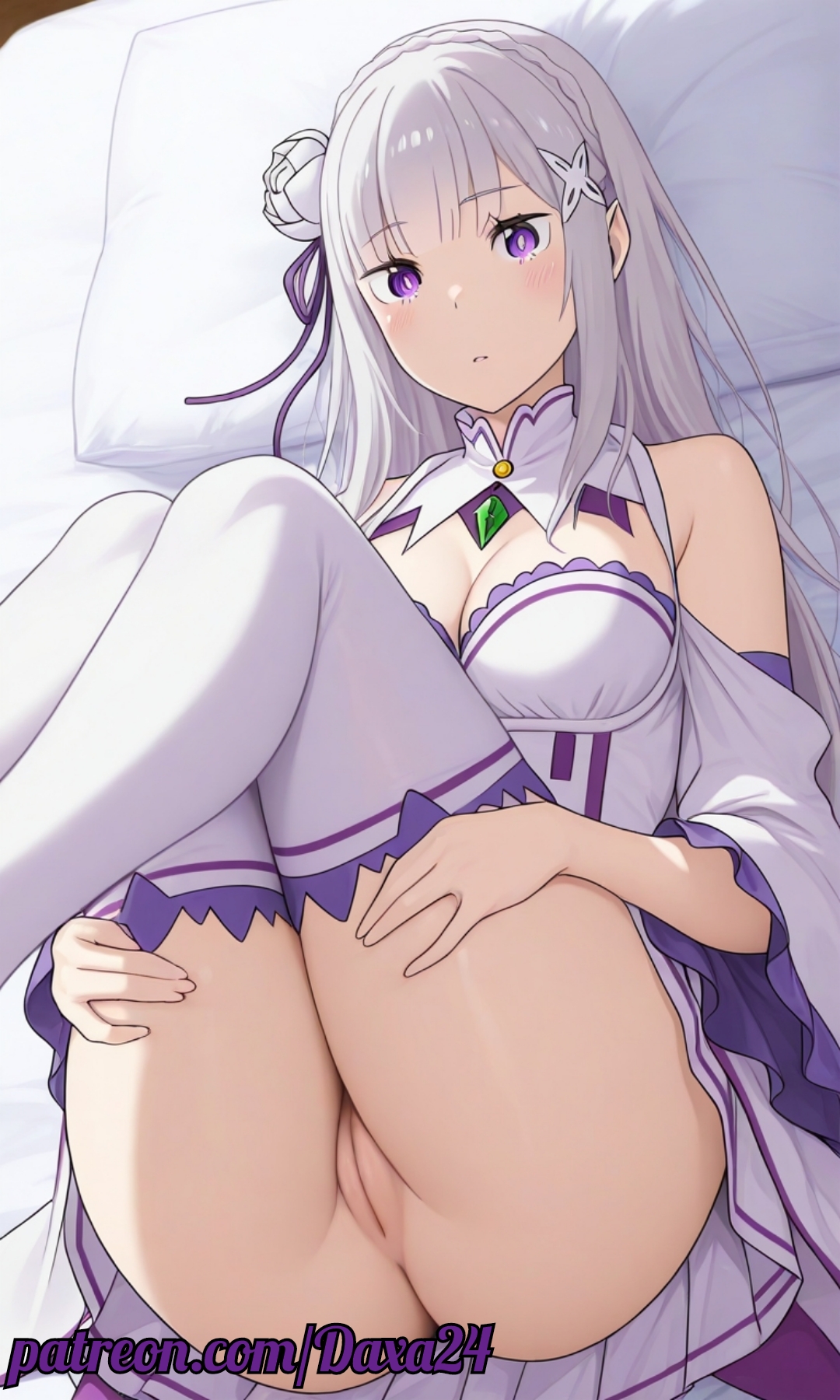 ai generated, anime girl, anus, ass, big ass, big breasts, big butt, breasts, butt focus, curvy, daxa, elf, elf ears, emilia (re:zero), female, lying, porn, pussy, re:zero kara hajimeru isekai seikatsu, sexy, white hair